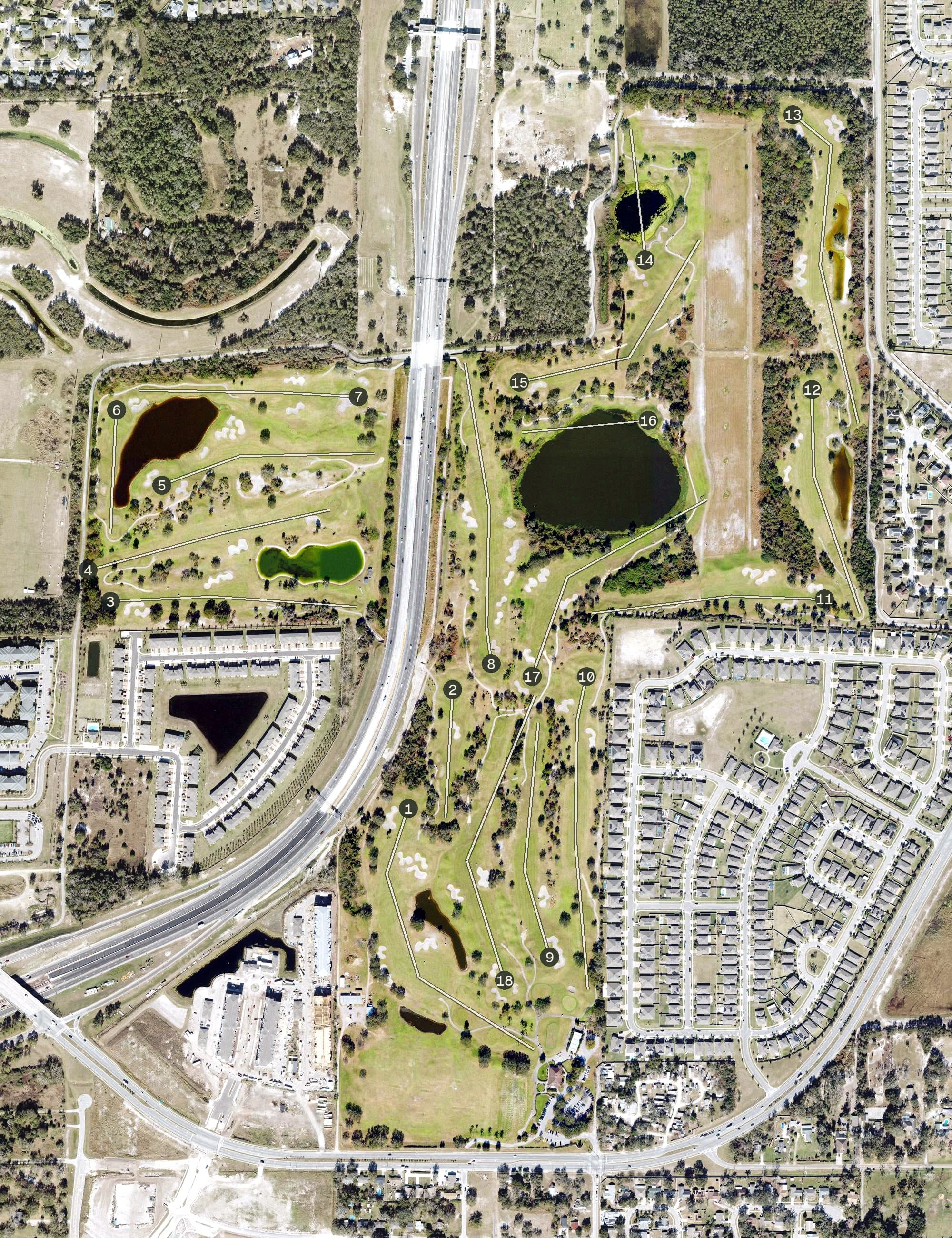 Aerial view of Forest Lake Golf Club, FL, with its hole routing marked