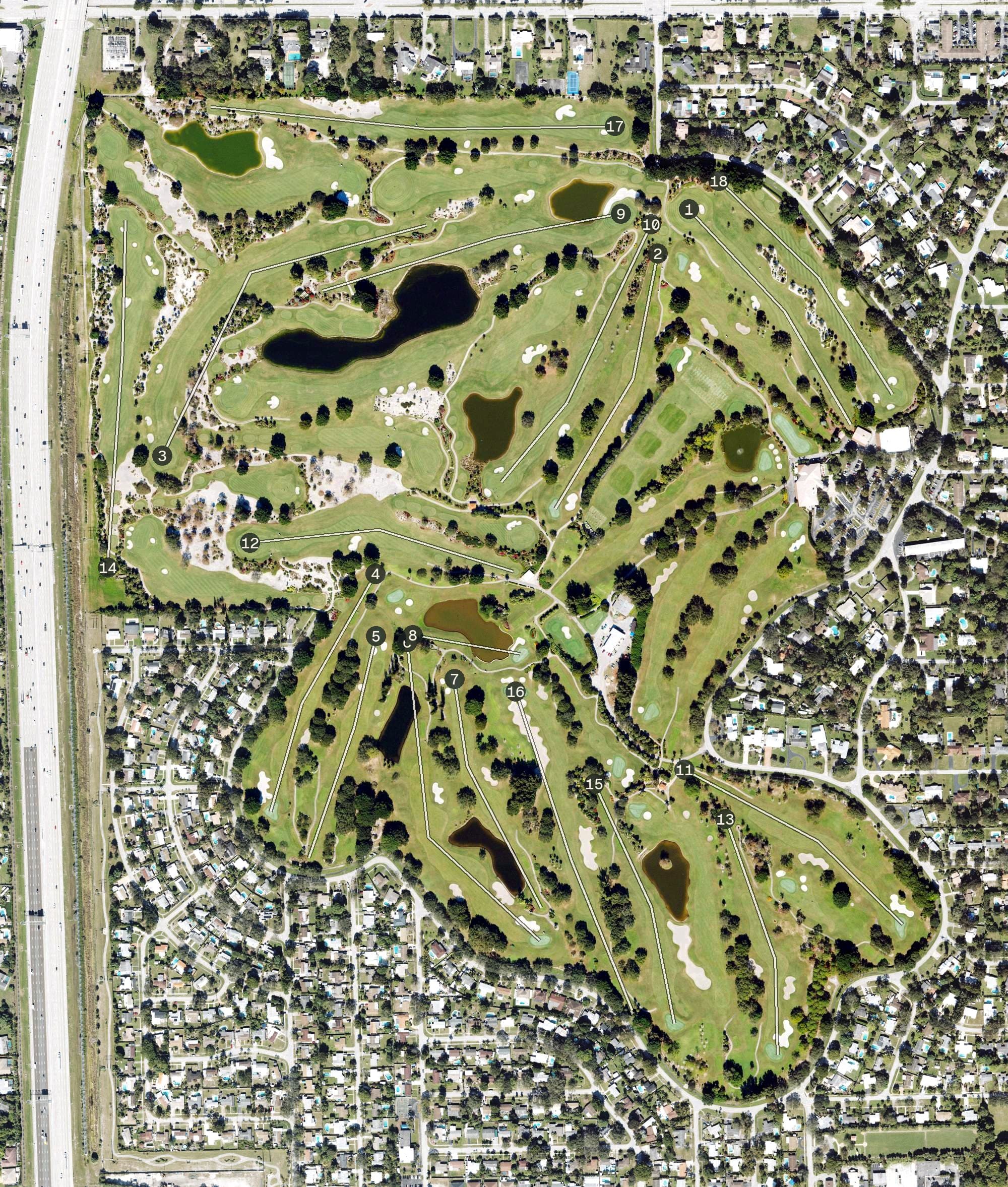 Aerial view of Fort Lauderdale Country Club, FL, with its hole routing marked