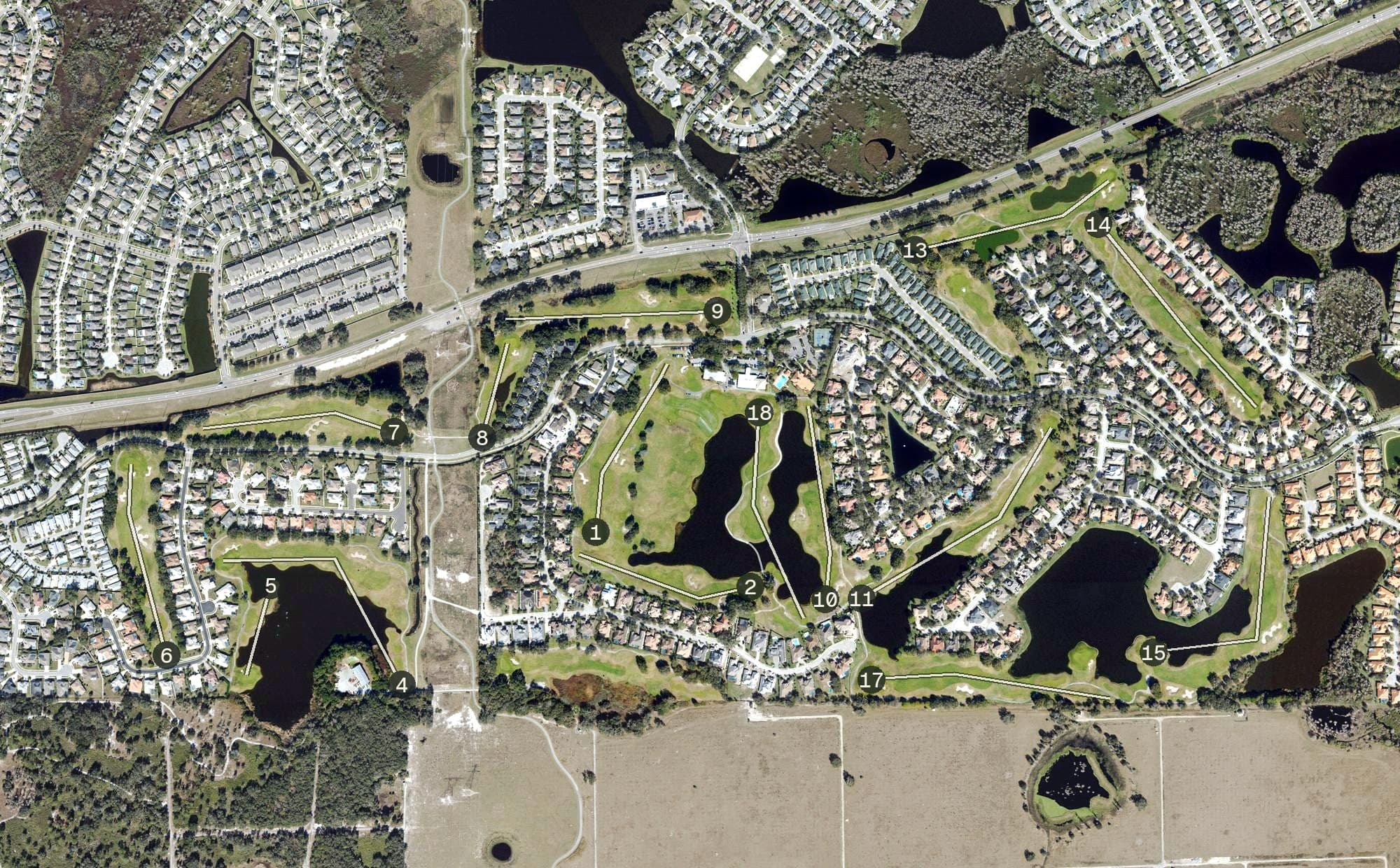 Aerial view of Fox Hollow Golf Club, FL, with its hole routing marked