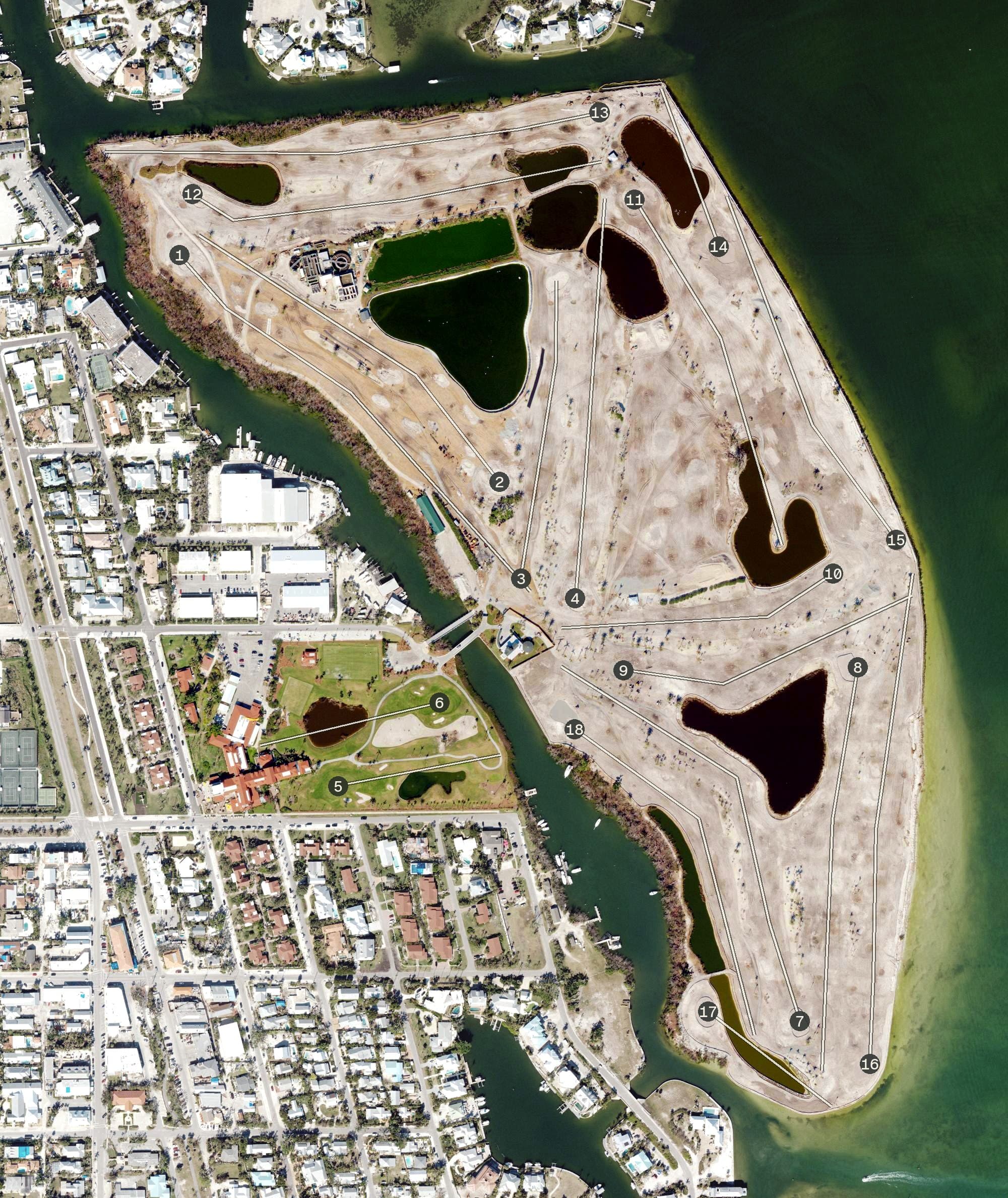 Aerial view of Gasparilla Golf Club, FL, with its hole routing marked