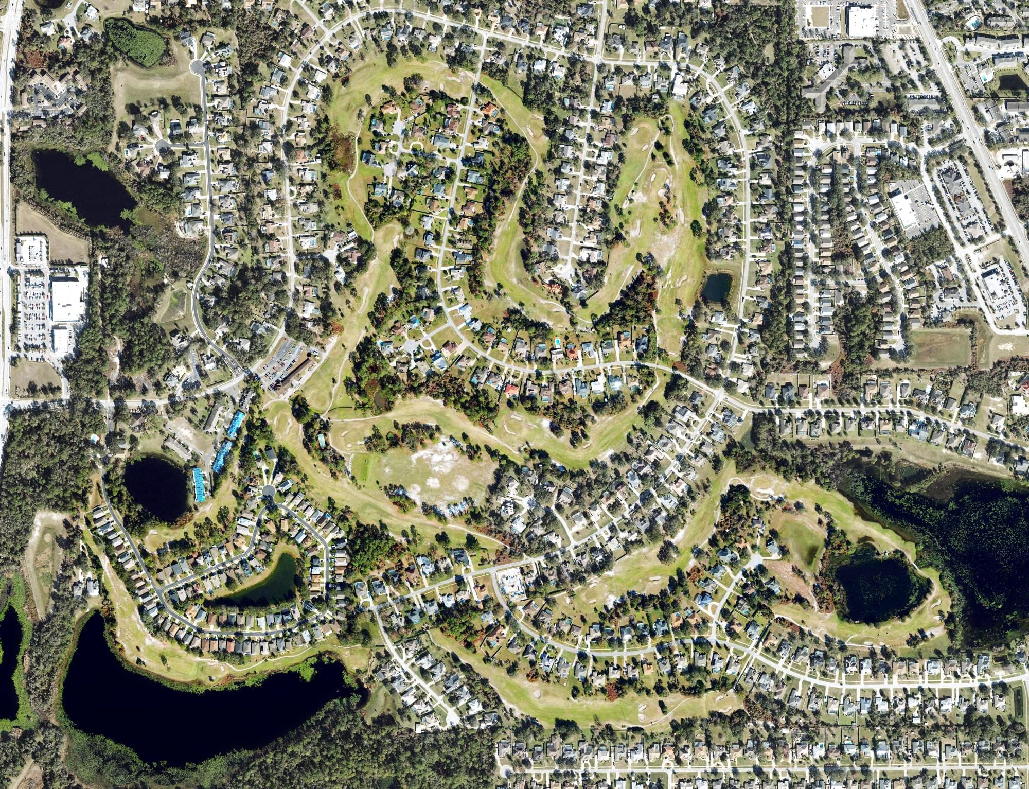 Aerial view of Glen Abbey Golf Club, FL, with its hole routing marked