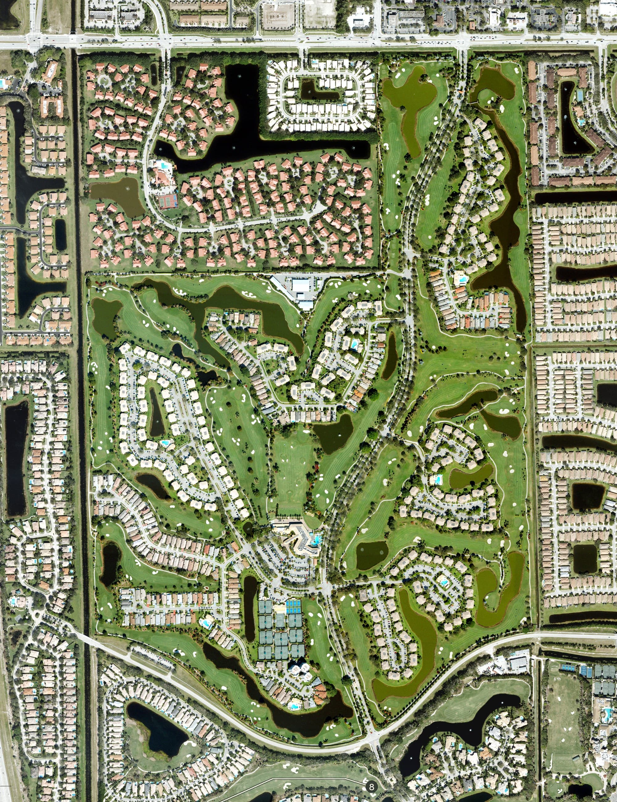 Aerial view of Gleneagles Country Club, FL, with its hole routing marked