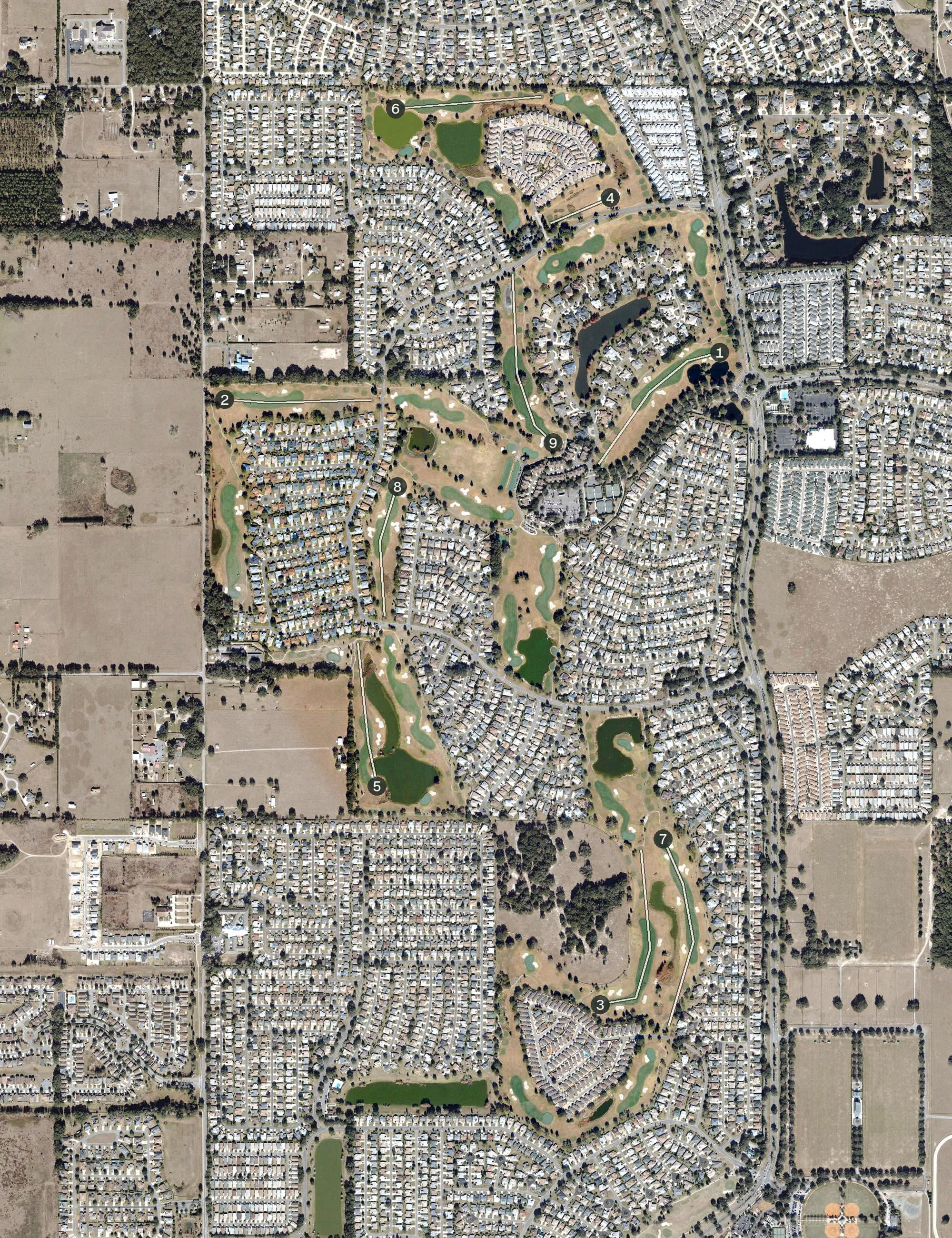 Aerial view of Glenview Golf Course, FL, with its hole routing marked
