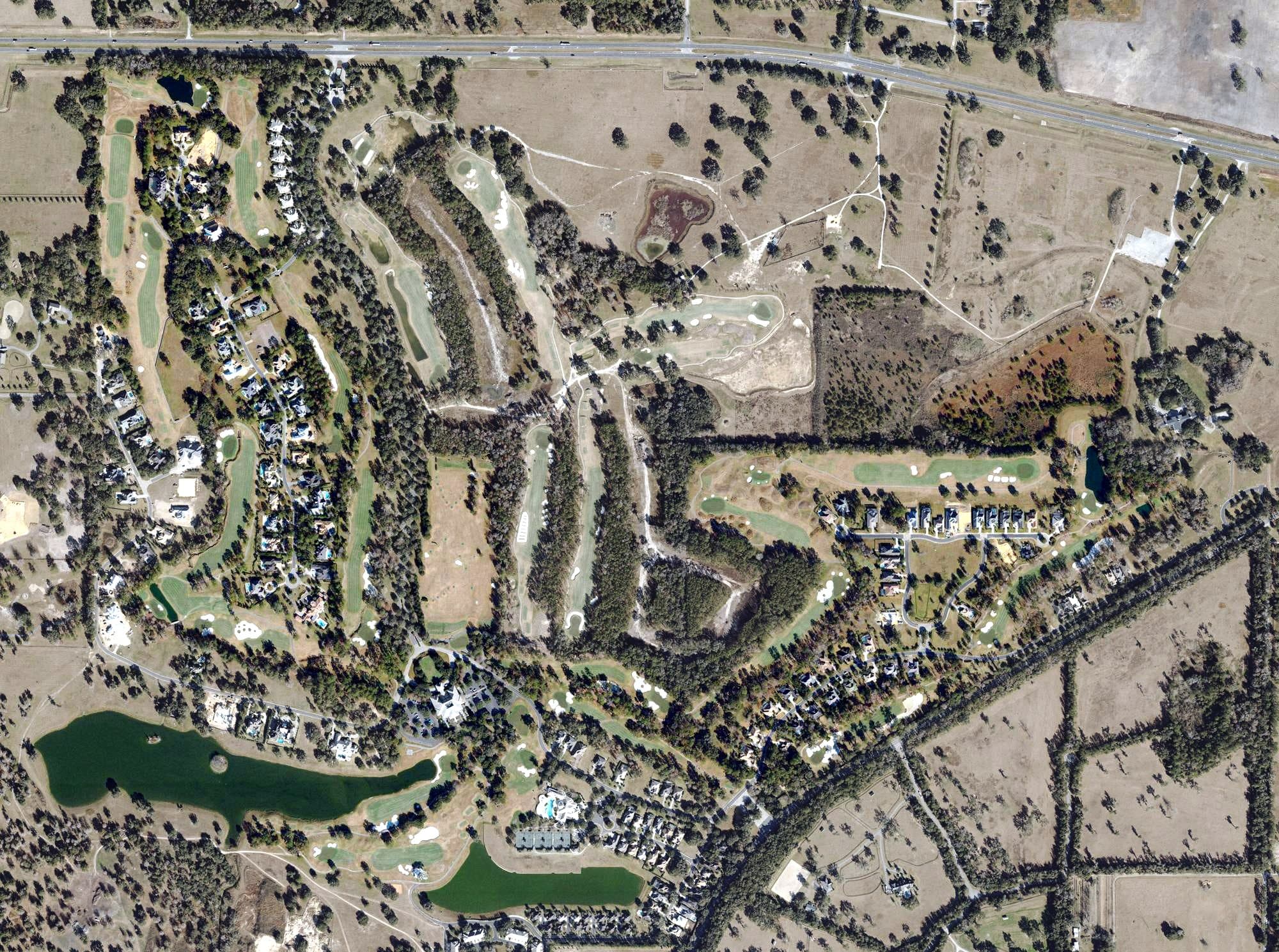 Aerial view of Golden Ocala Golf & Equestrian Club, FL, with its hole routing marked