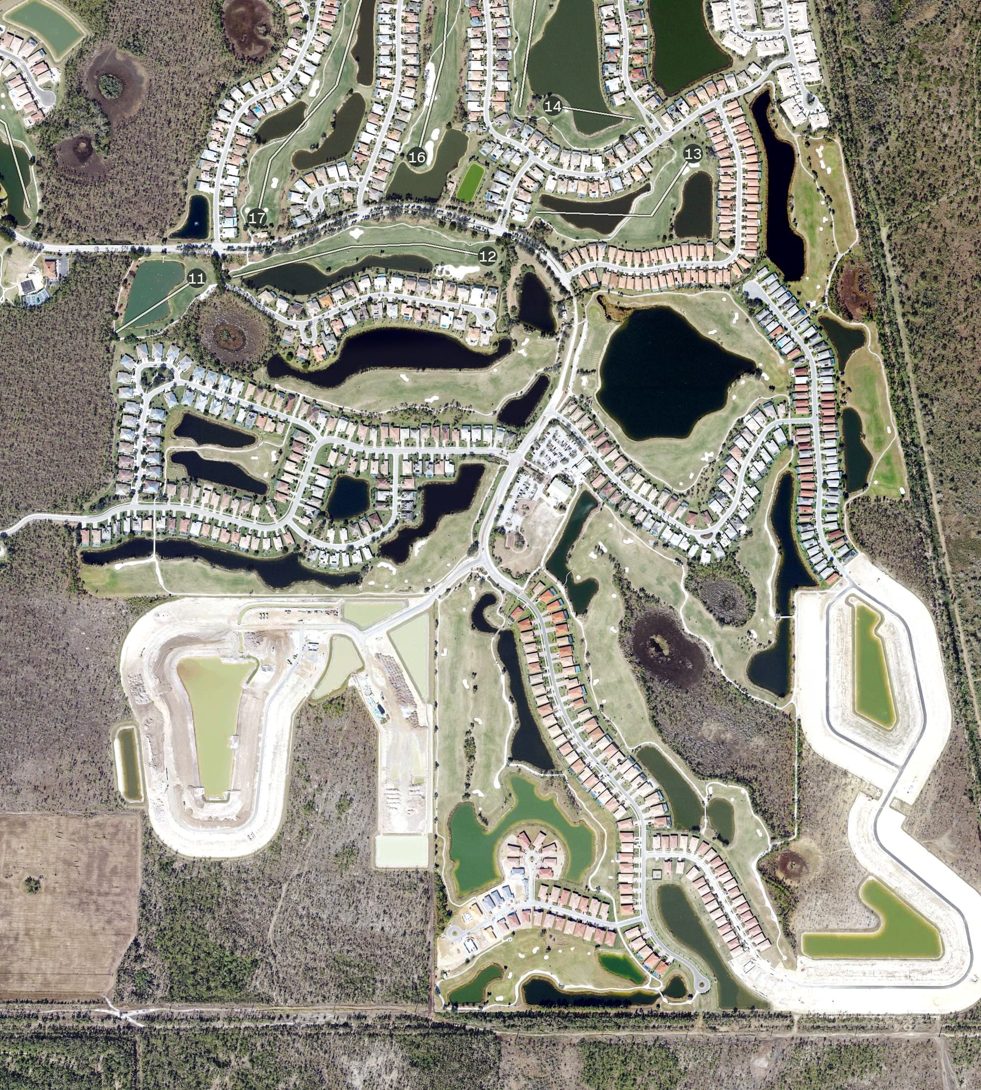 Aerial view of Golf Club At Magnolia Landing, FL, with its hole routing marked