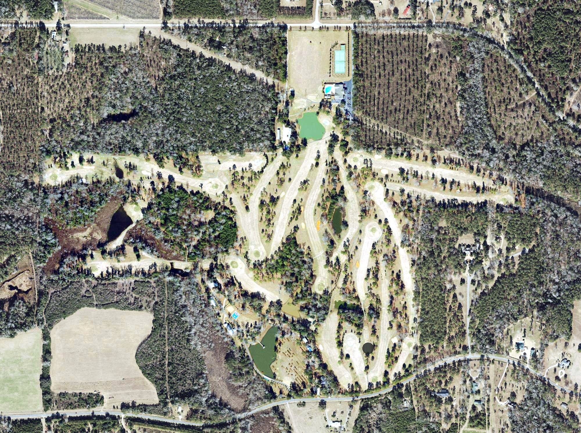 Aerial view of Golf Club of Quincy, FL, with its hole routing marked