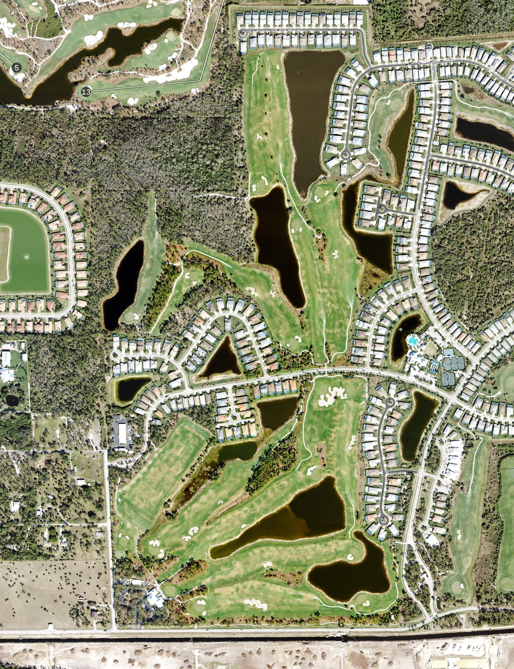 Aerial view of Golf Club of the Everglades, FL, with its hole routing marked