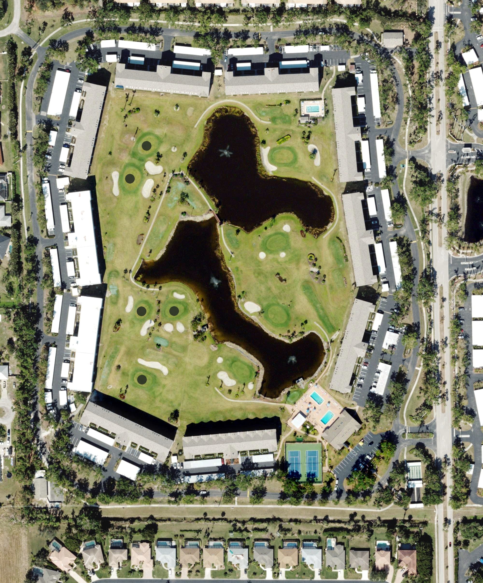 Aerial view of Golfview Golf and Racquet Club, FL, with its hole routing marked