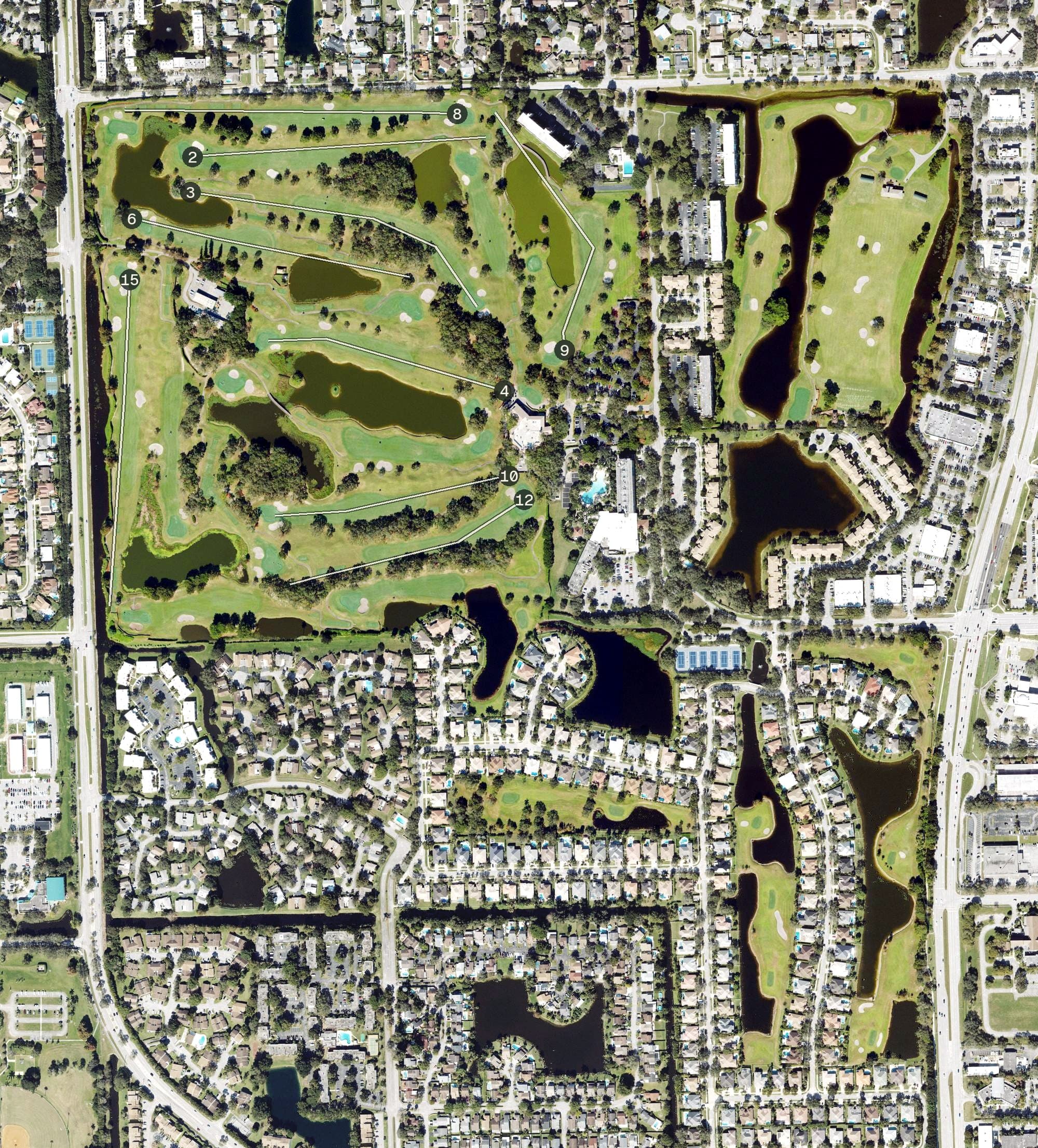 Aerial view of Grande Oaks Golf Club, FL, with its hole routing marked