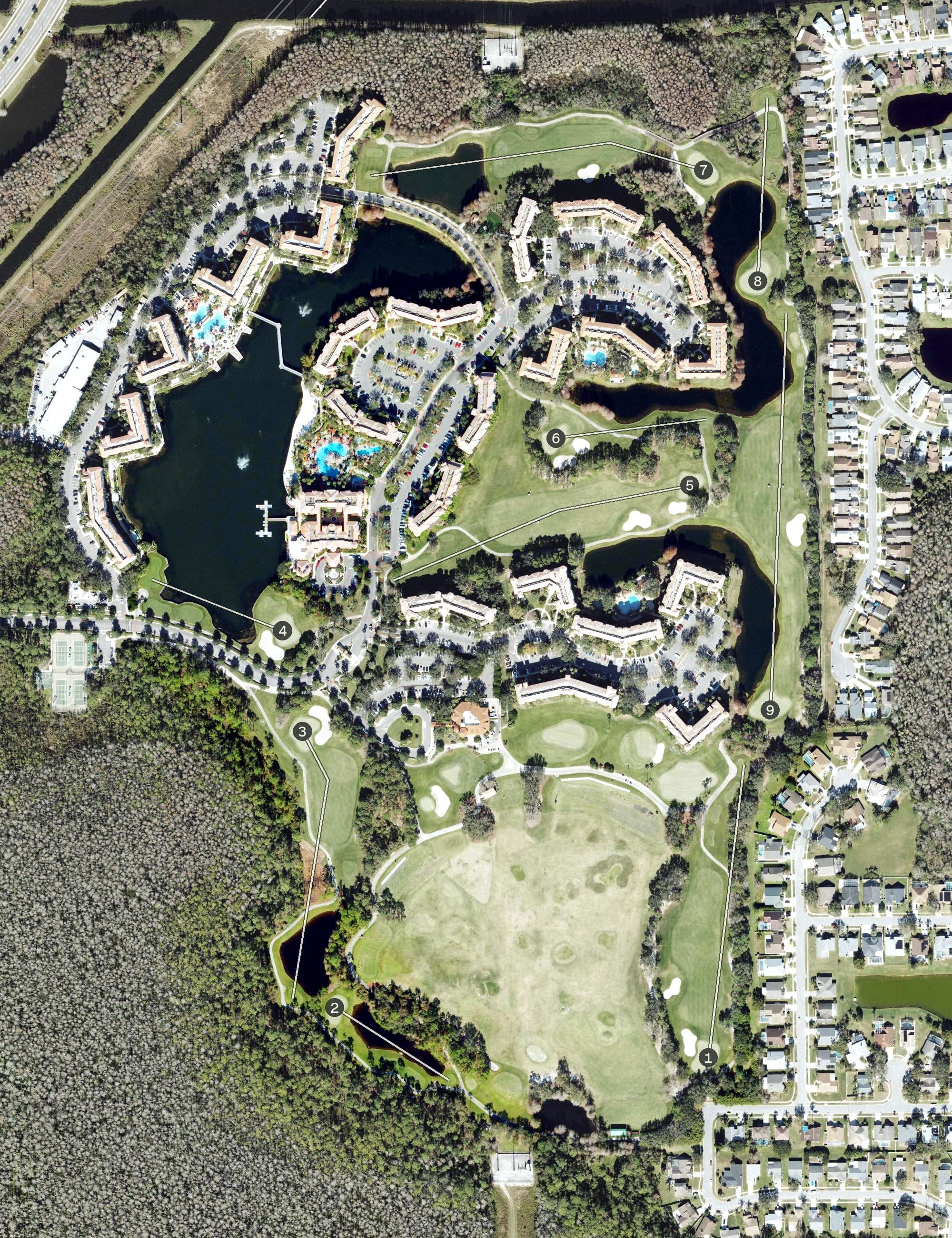Aerial view of Grande Vista Golf Club, FL, with its hole routing marked