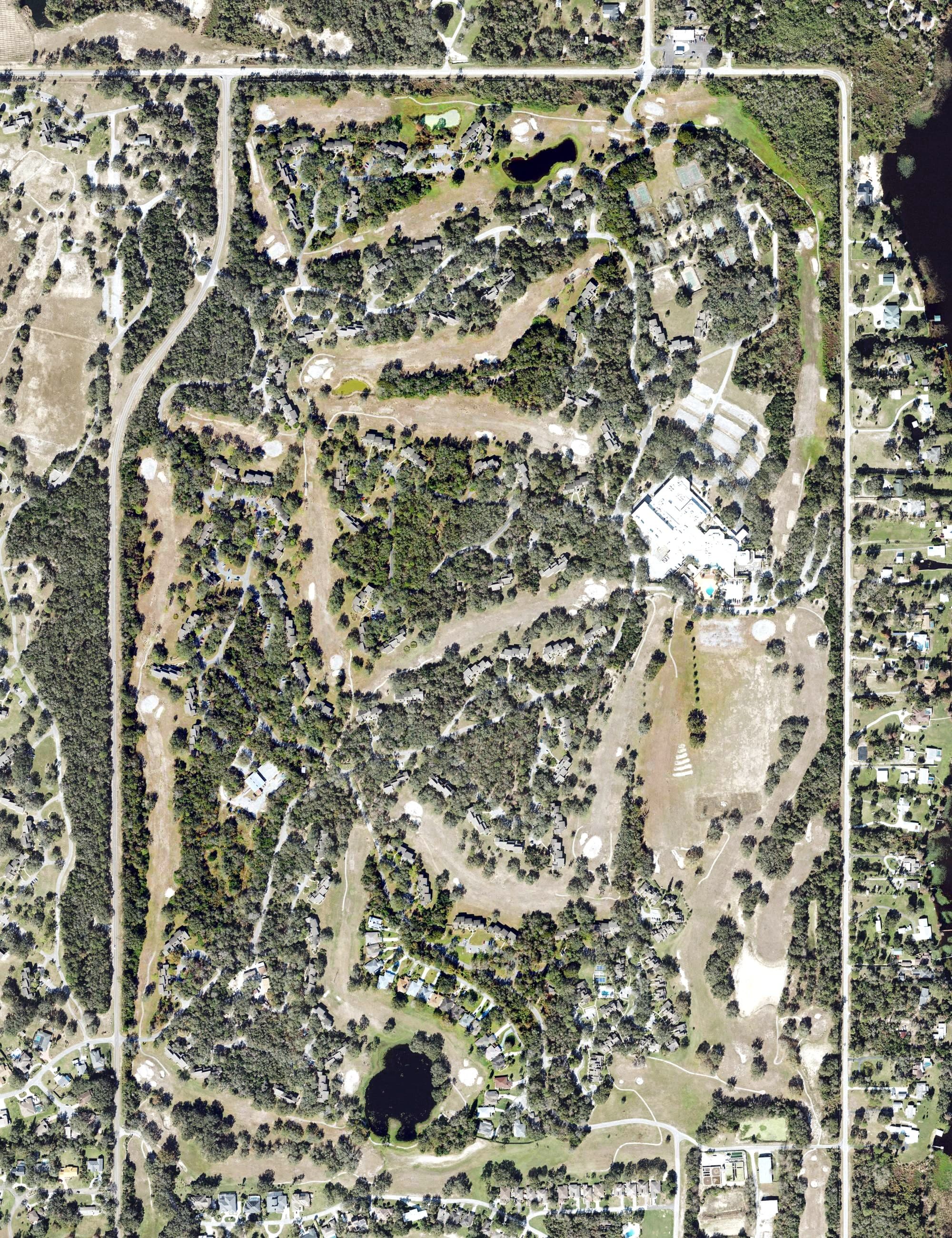 Aerial view of Grenelefe Golf & Tennis Resort - East Course, FL, with its hole routing marked