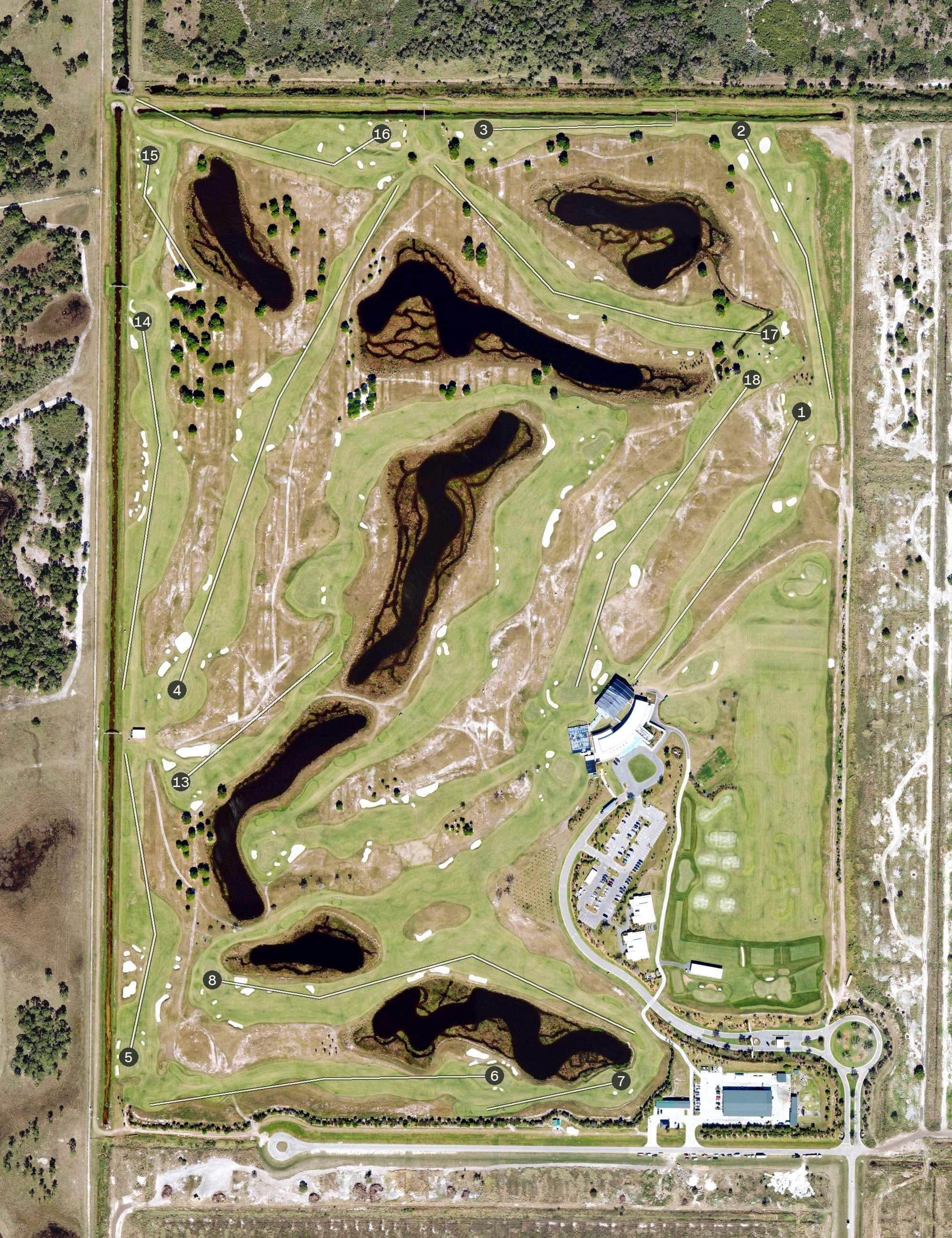 Aerial view of Grove XXIII, FL, with its hole routing marked