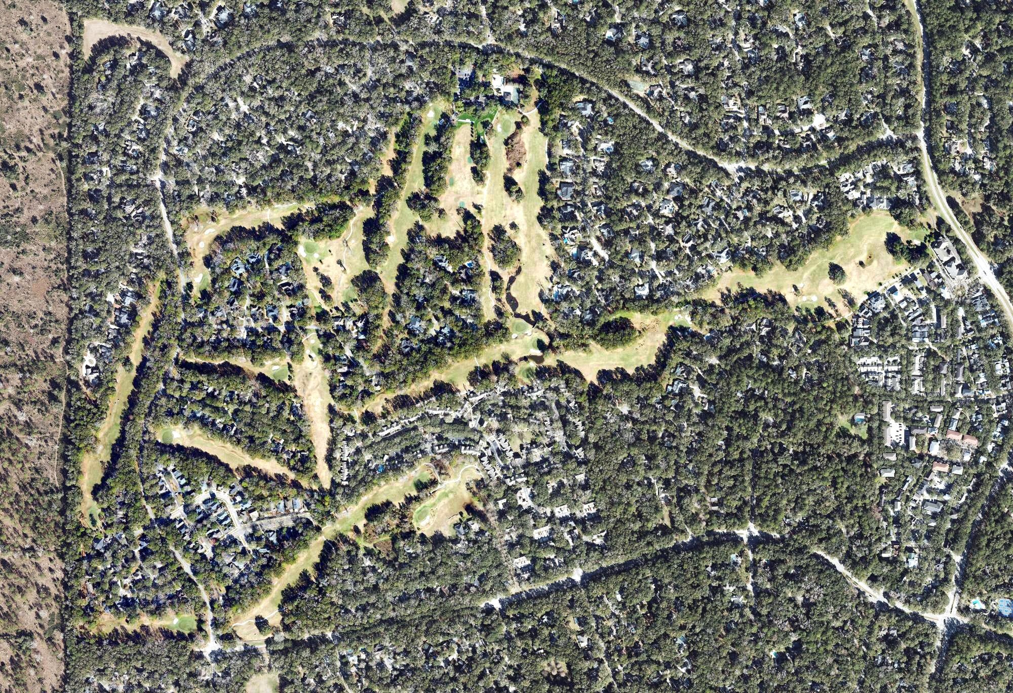 Aerial view of Haile Plantation Golf and Country Club, FL, with its hole routing marked
