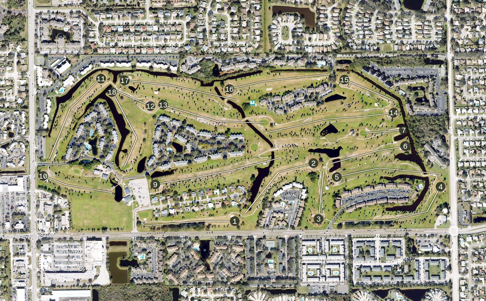 Aerial view of Harbor City Golf Course, FL, with its hole routing marked