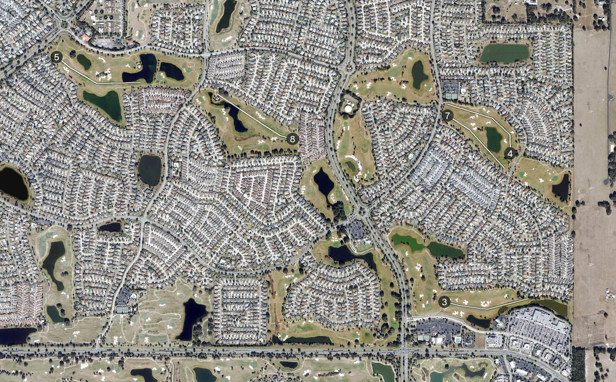 Aerial view of Havana Country Club (The Villages), FL, with its hole routing marked