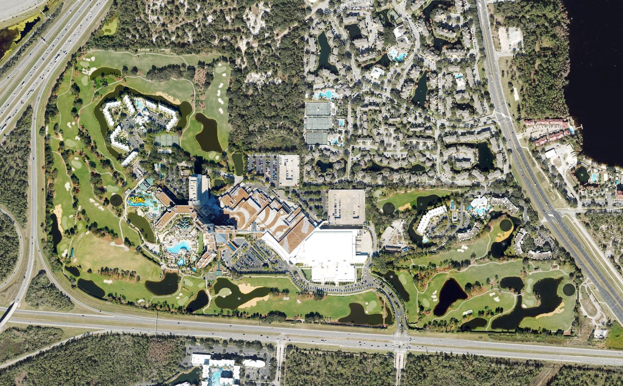 Aerial view of Hawks Landing Golf Club, FL, with its hole routing marked