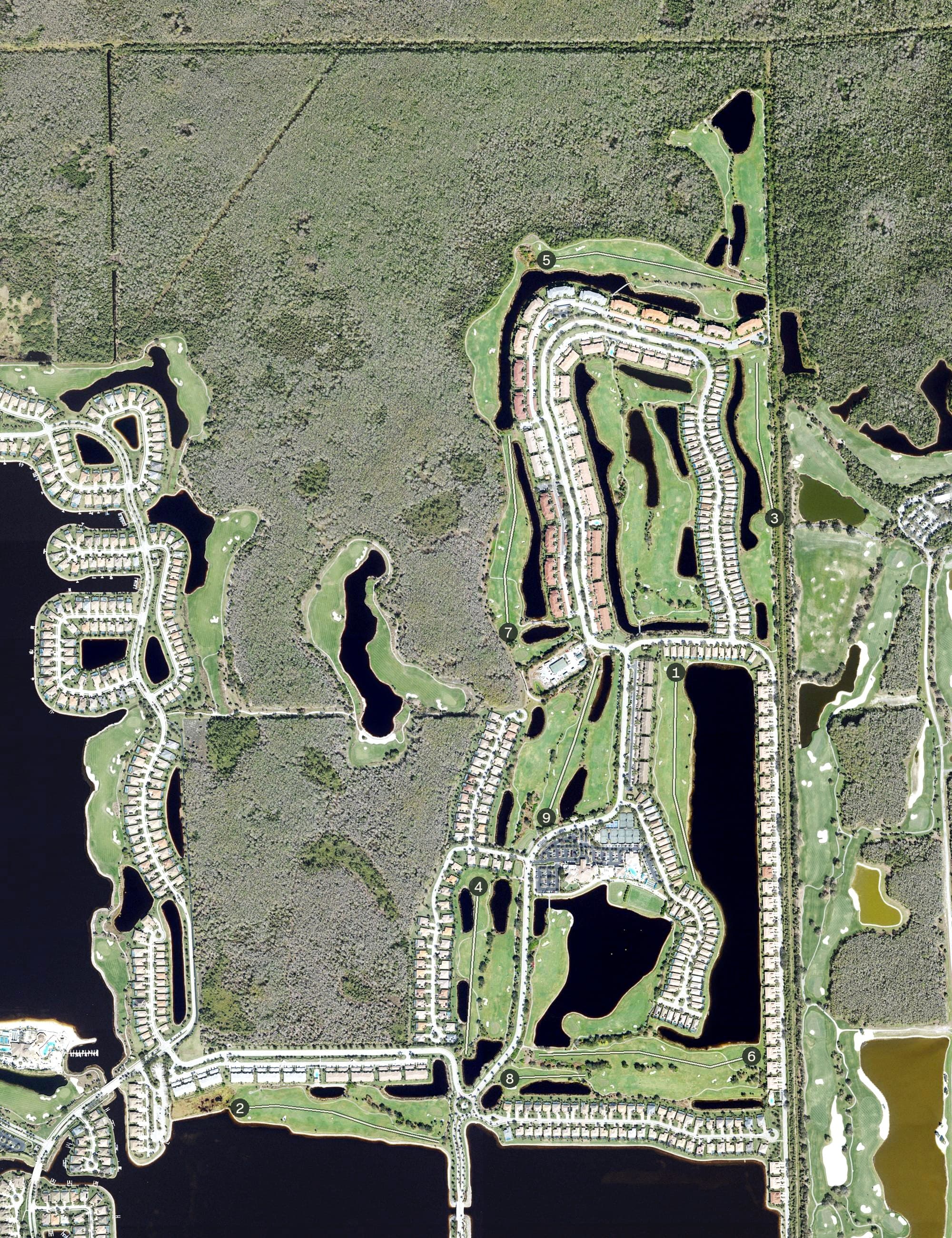 Aerial view of Heritage Bay Golf and Country Club, FL, with its hole routing marked