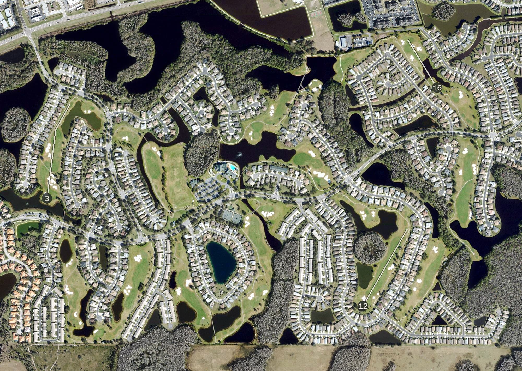 Aerial view of Heritage Springs Golf Course, FL, with its hole routing marked