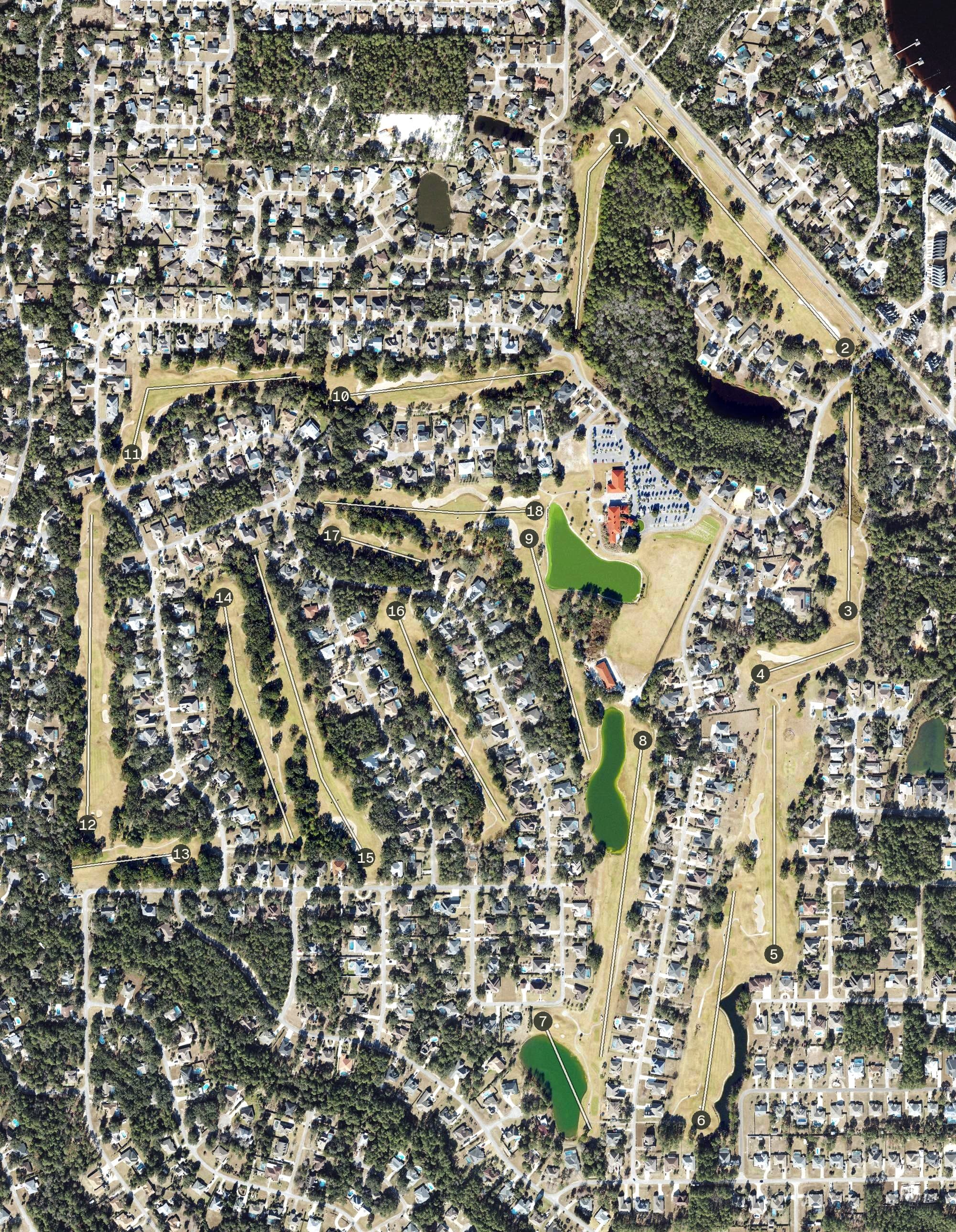 Aerial view of Hidden Creek Golf Club, FL, with its hole routing marked