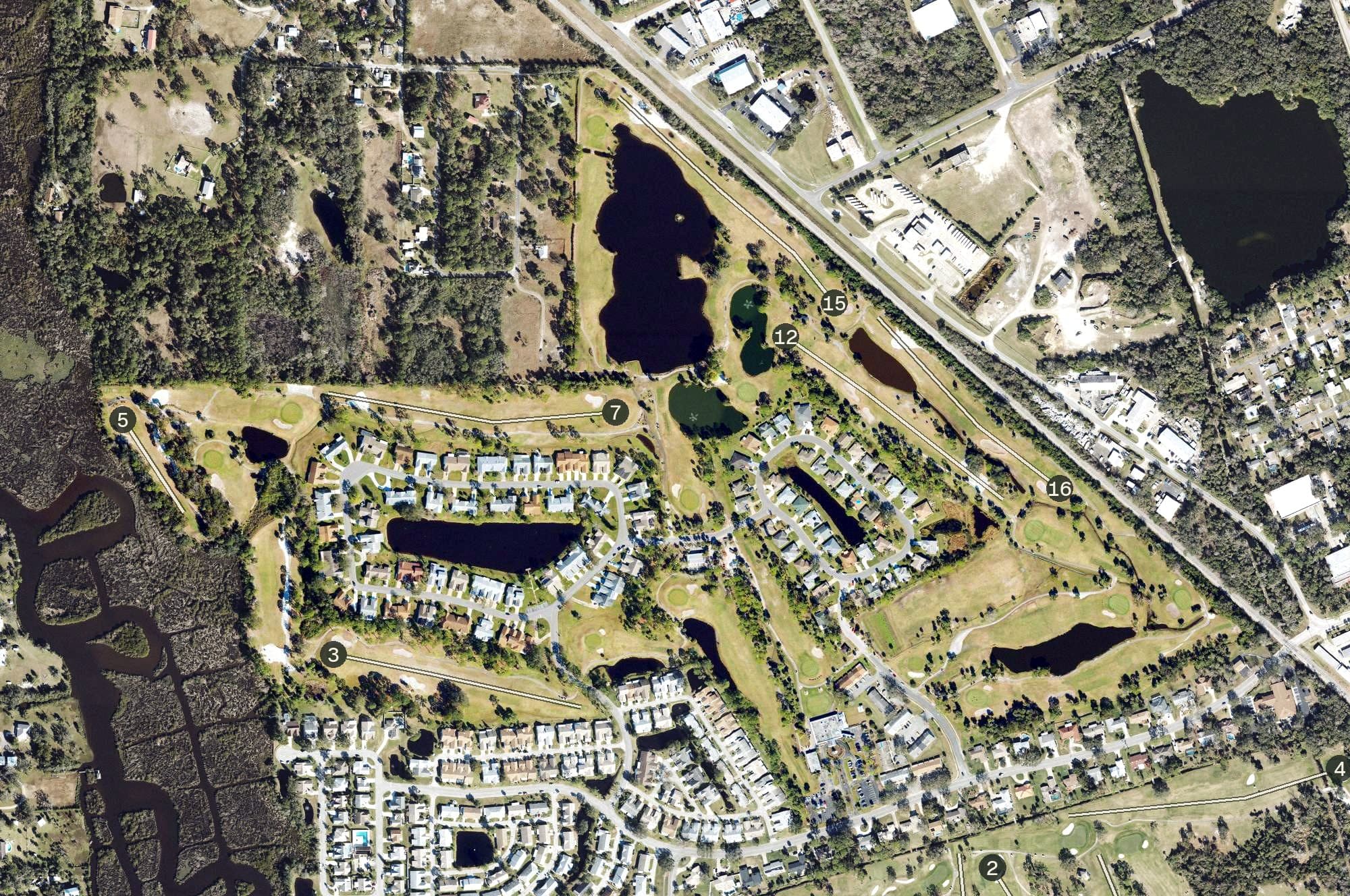 Aerial view of Hidden Lakes Golf Course, FL, with its hole routing marked