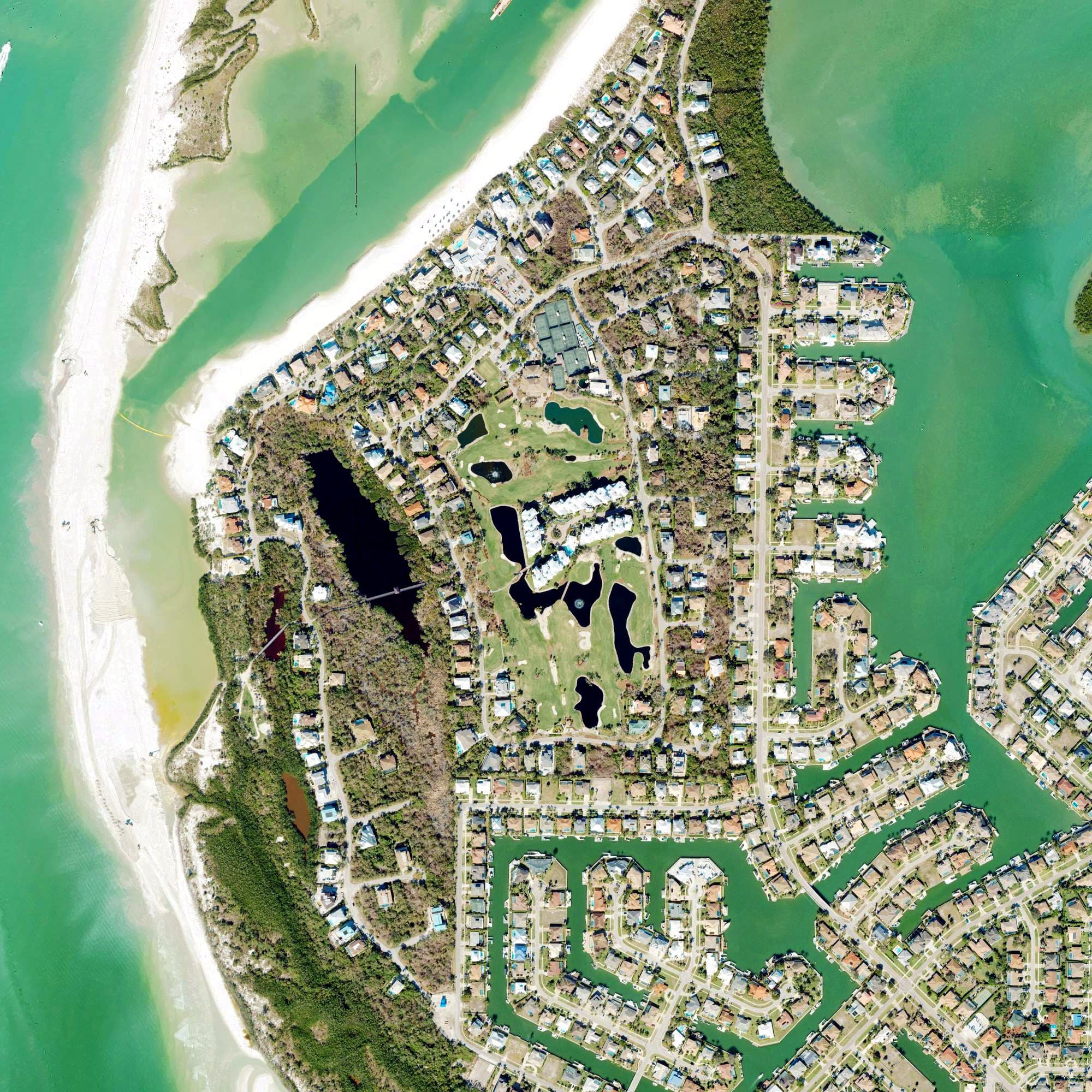 Aerial view of Hideaway Beach Golf Course, FL, with its hole routing marked