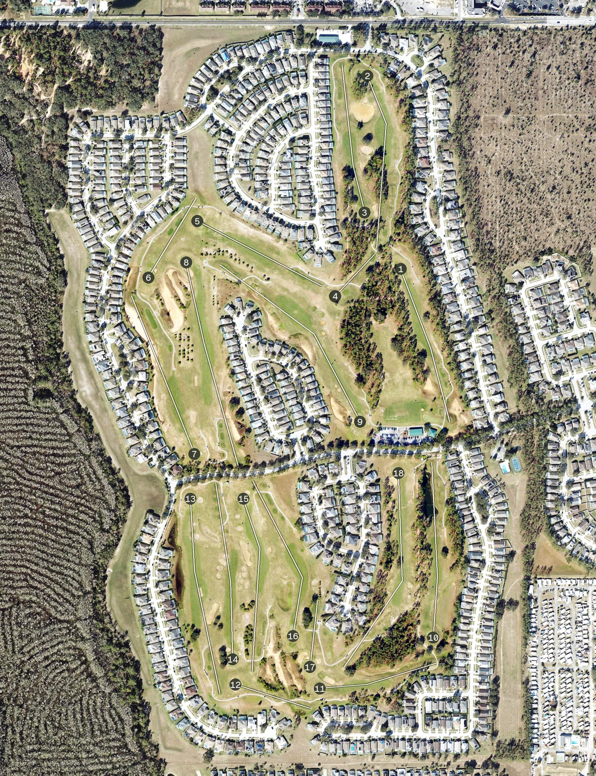 Aerial view of Highlands Reserve, FL, with its hole routing marked