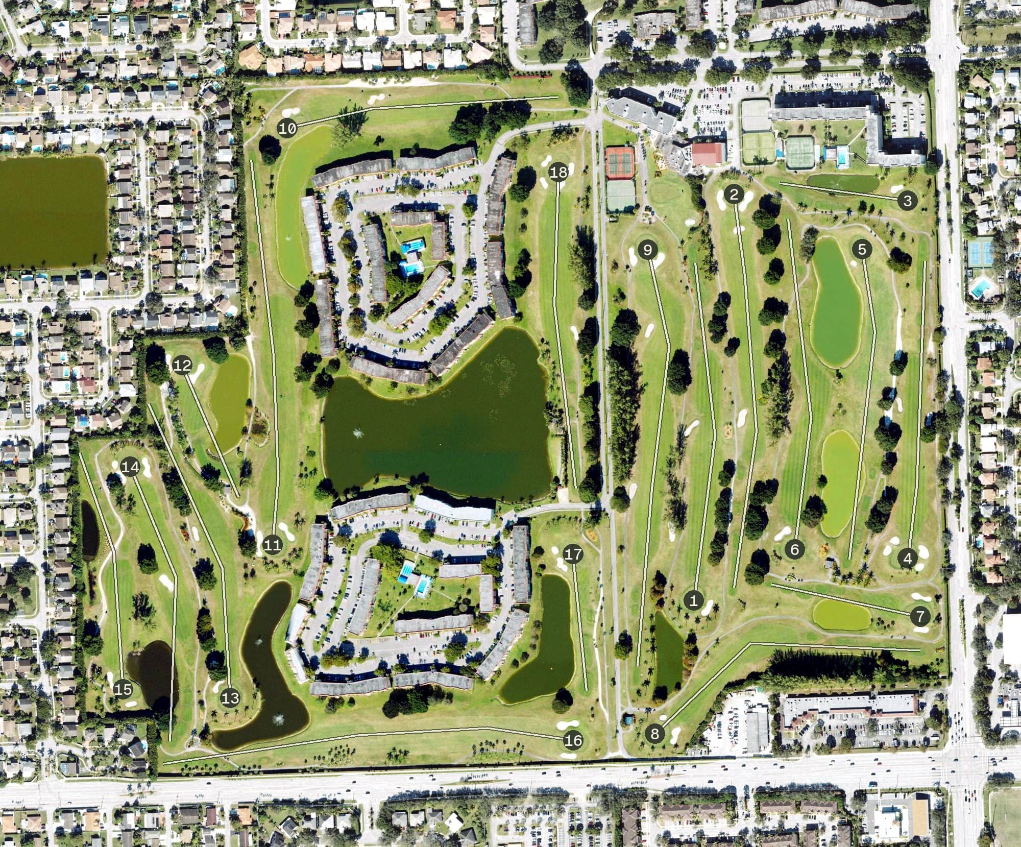 Aerial view of Hollybrook Golf and Tennis Club, FL, with its hole routing marked