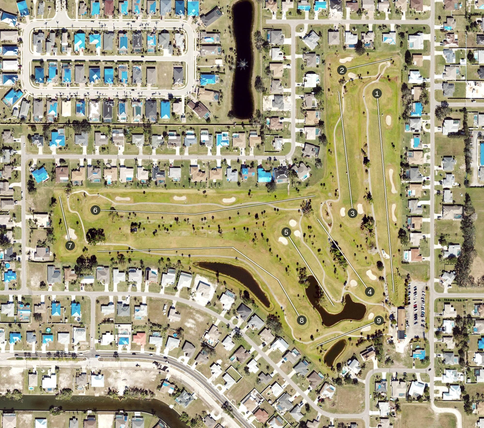 Aerial view of Hunters Run Executive Golf Course, FL, with its hole routing marked
