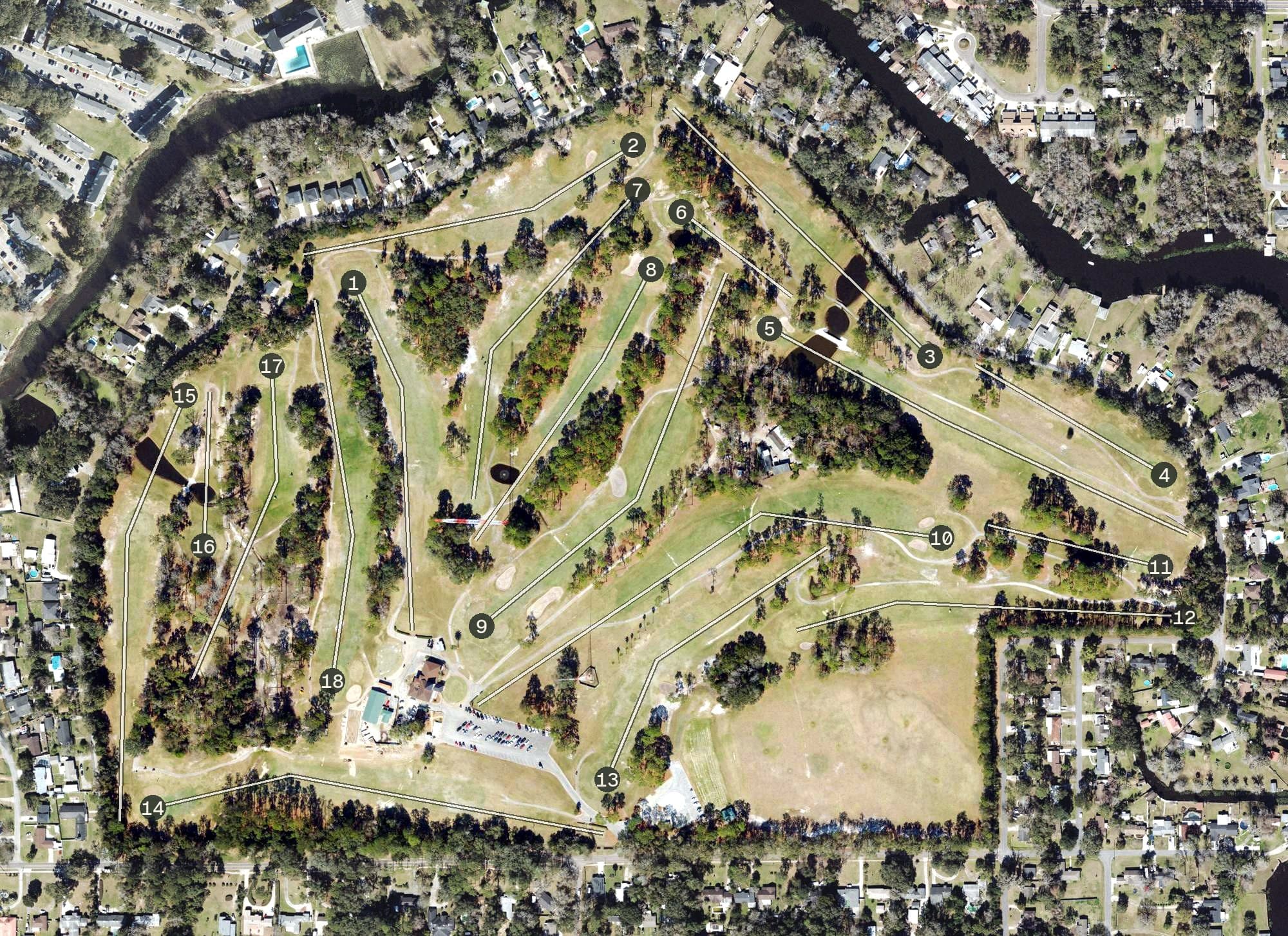 Aerial view of Hyde Park Golf Club, FL, with its hole routing marked