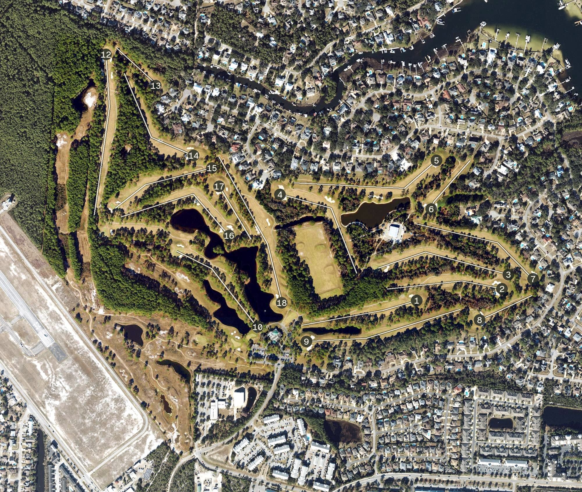 Aerial view of Indian Bayou Golf & Country Club, FL, with its hole routing marked