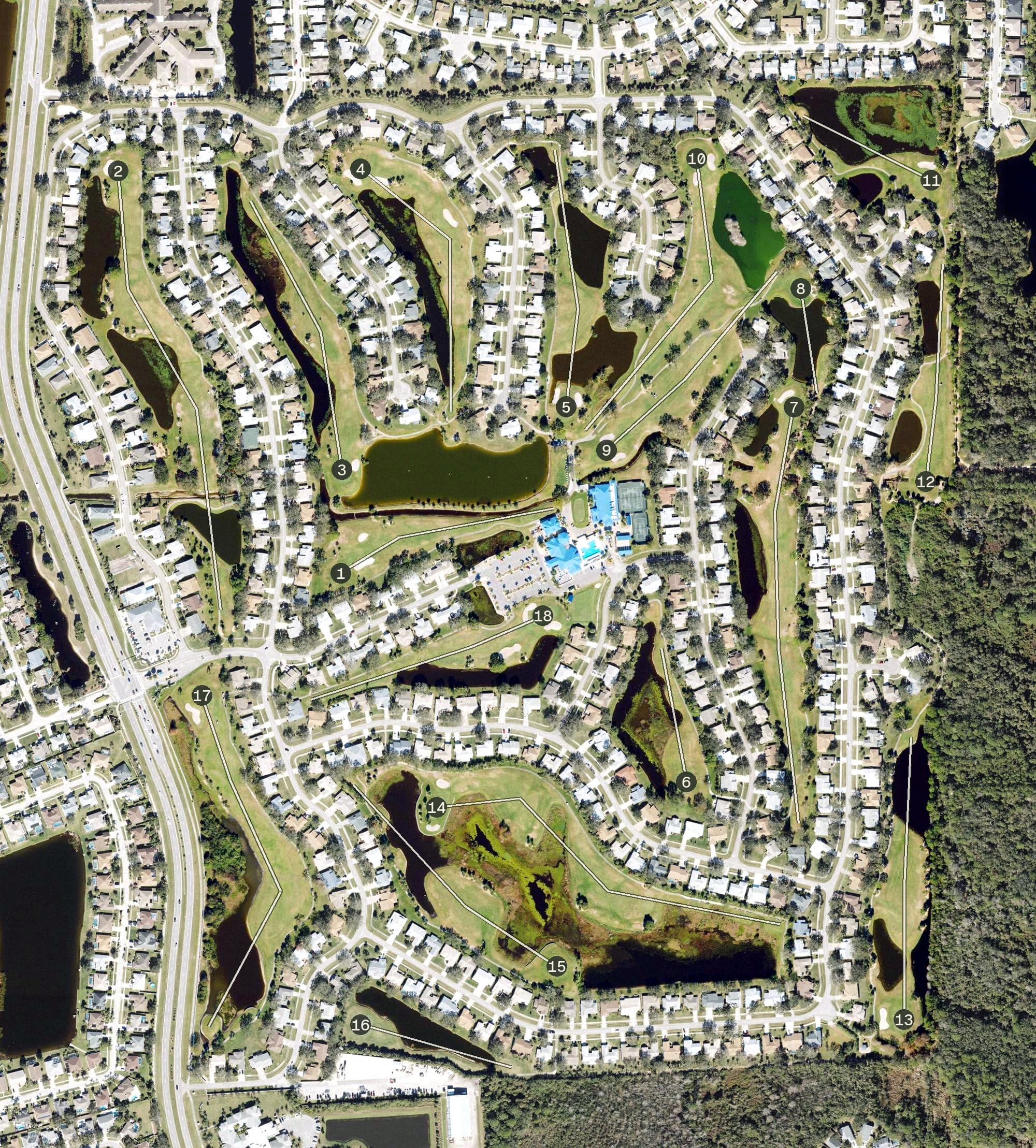 Aerial view of Indian River Colony Club, FL, with its hole routing marked