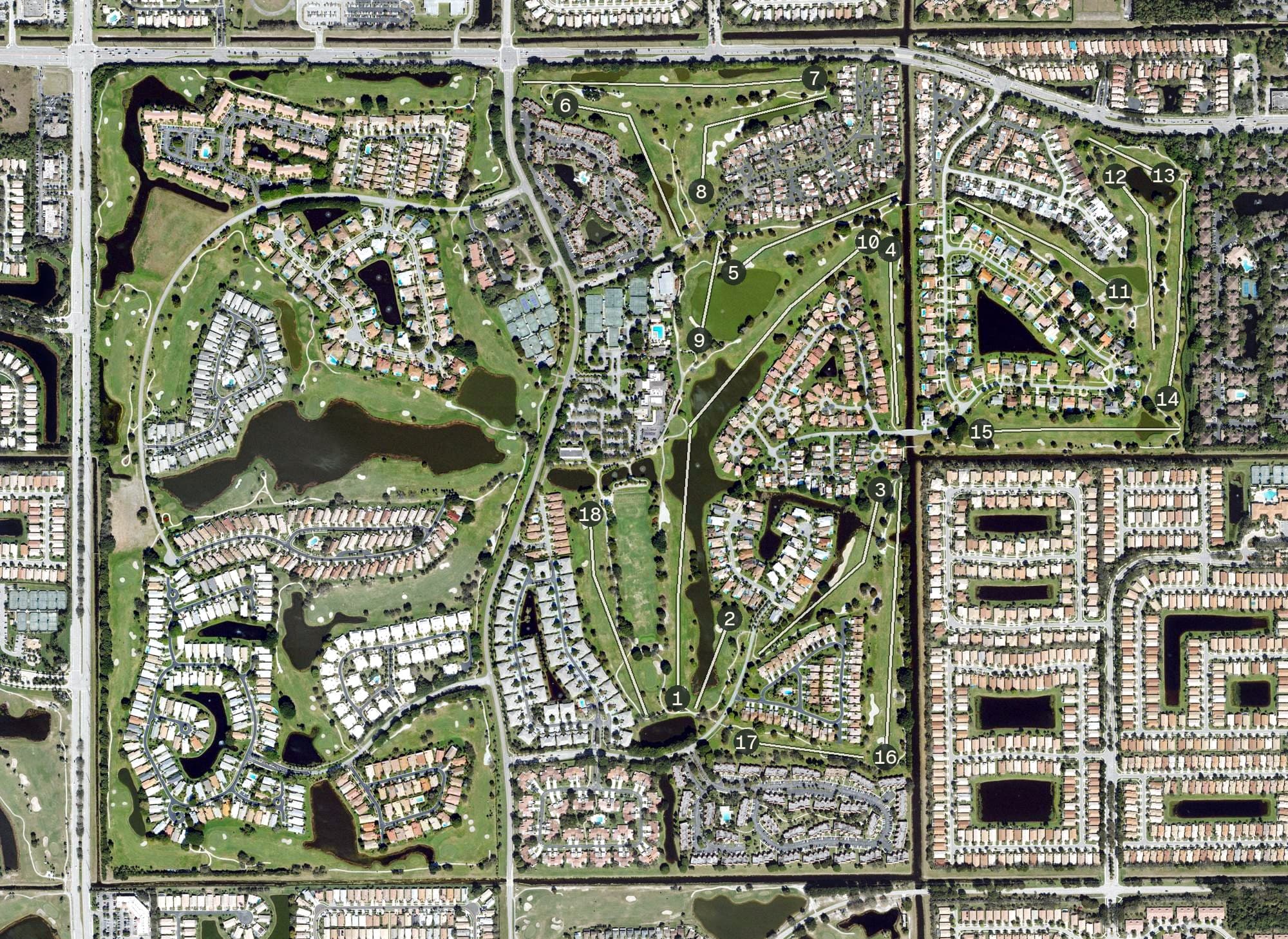 Aerial view of Indian Spring Country Club, FL, with its hole routing marked