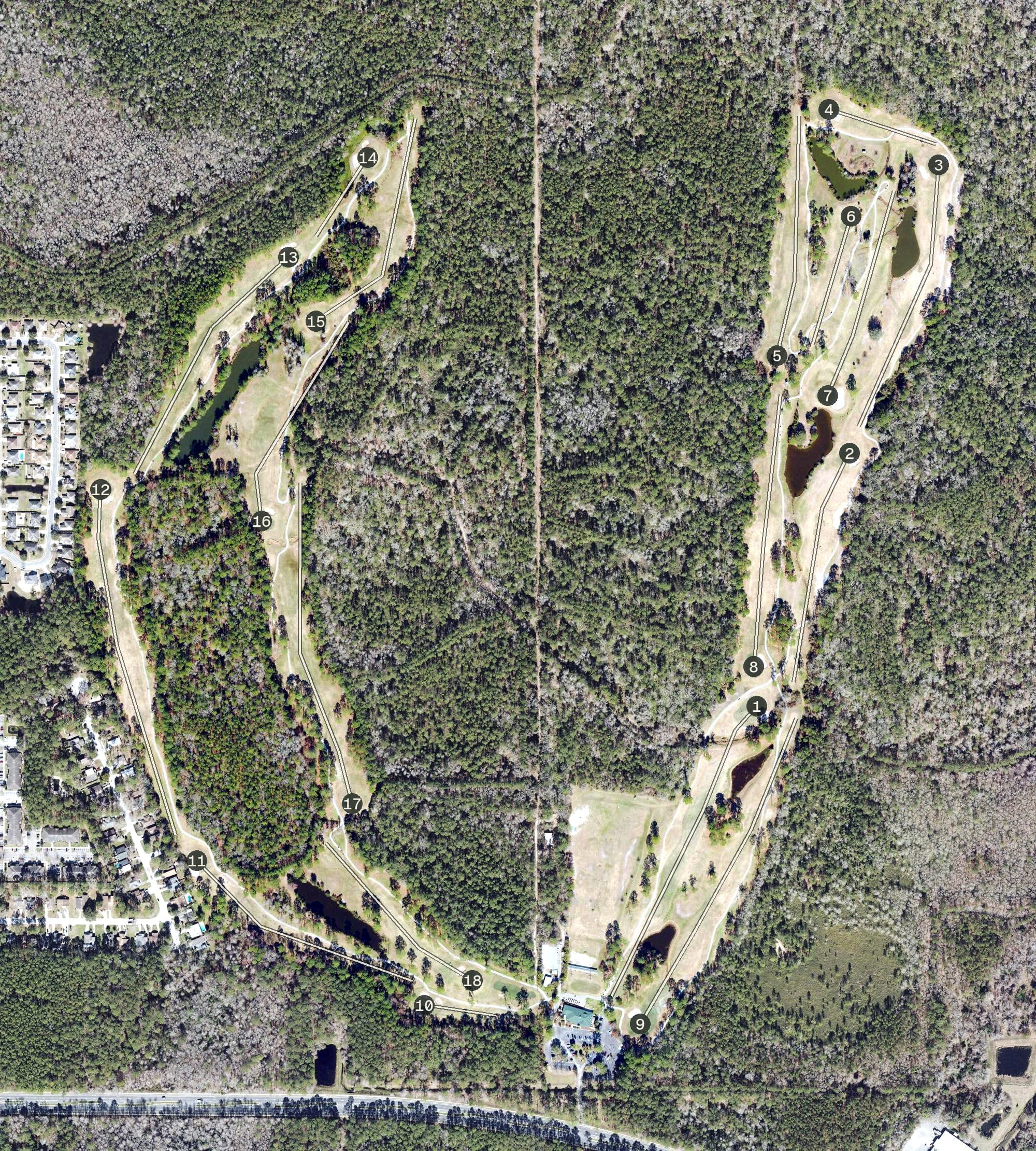 Aerial view of Ironwood Golf Course, FL, with its hole routing marked