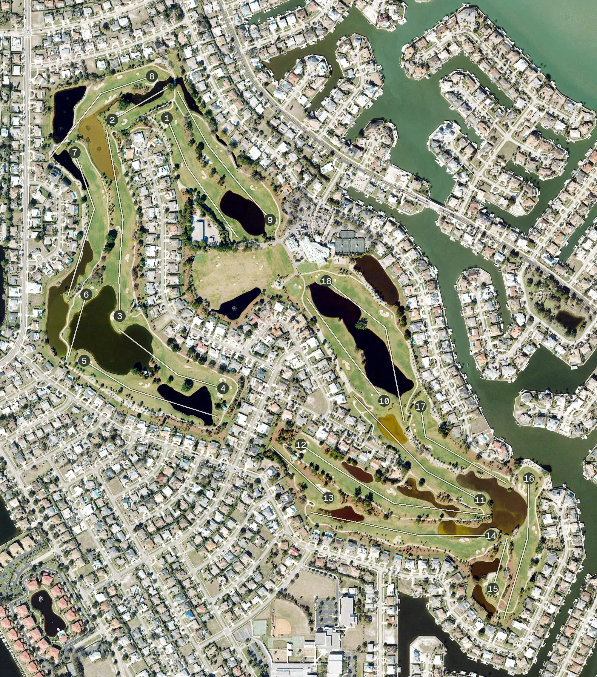 Aerial view of Island Country Club, FL, with its hole routing marked