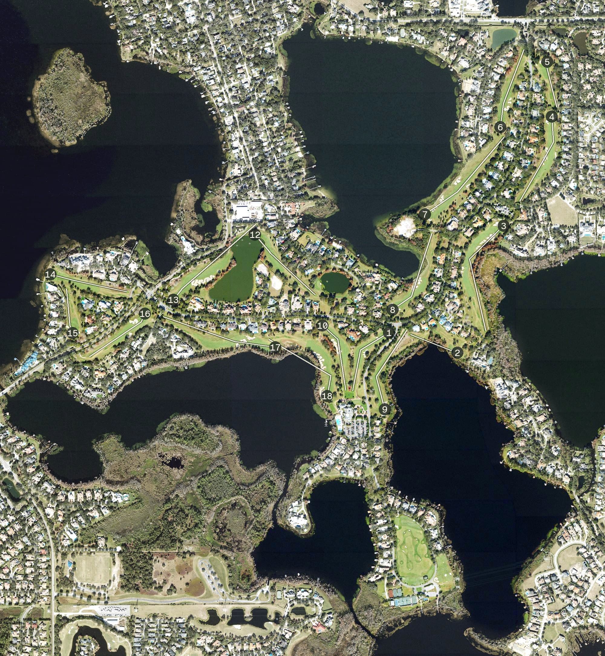 Aerial view of Isleworth Country Club, FL, with its hole routing marked