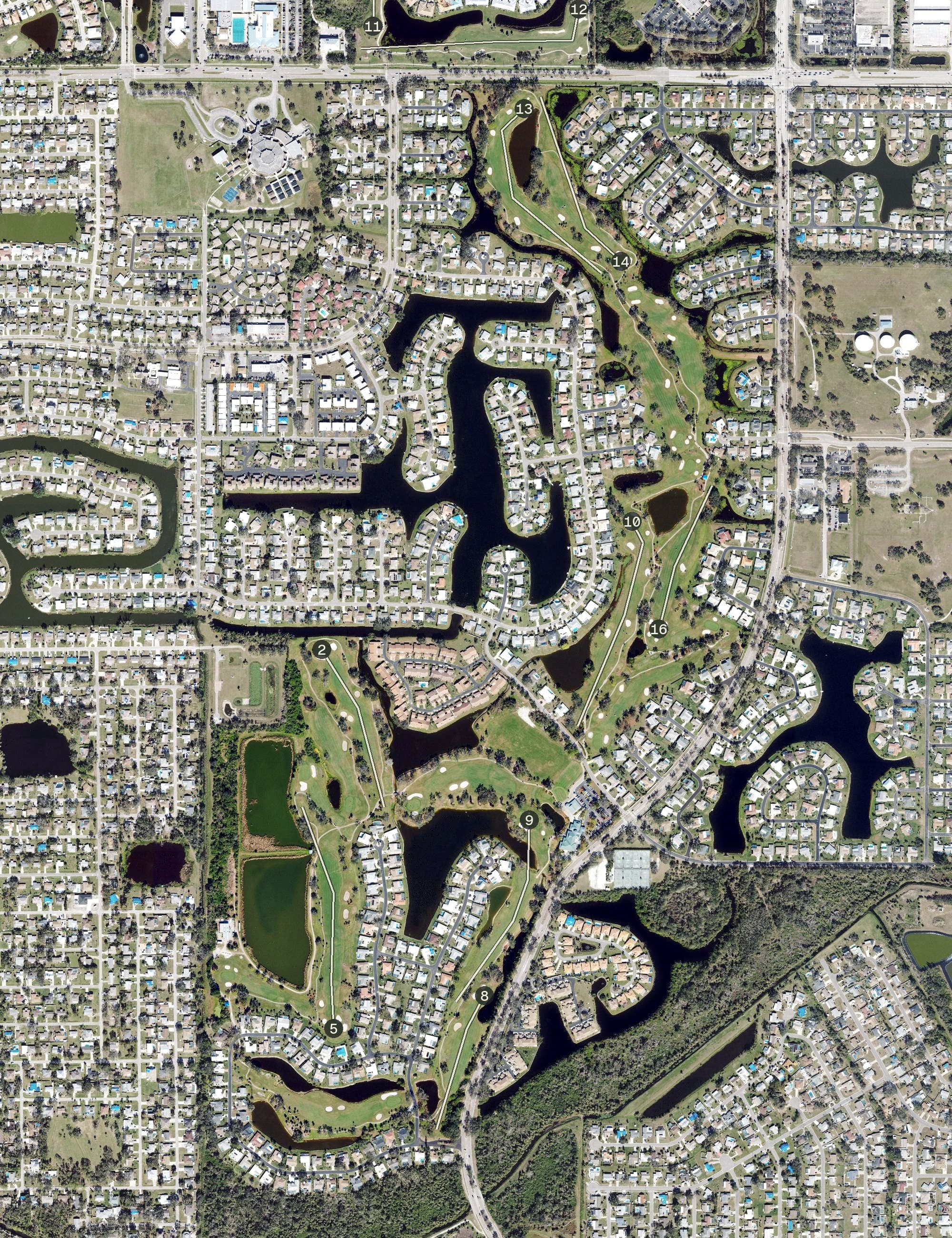 Aerial view of Jacaranda West Country Club, FL, with its hole routing marked