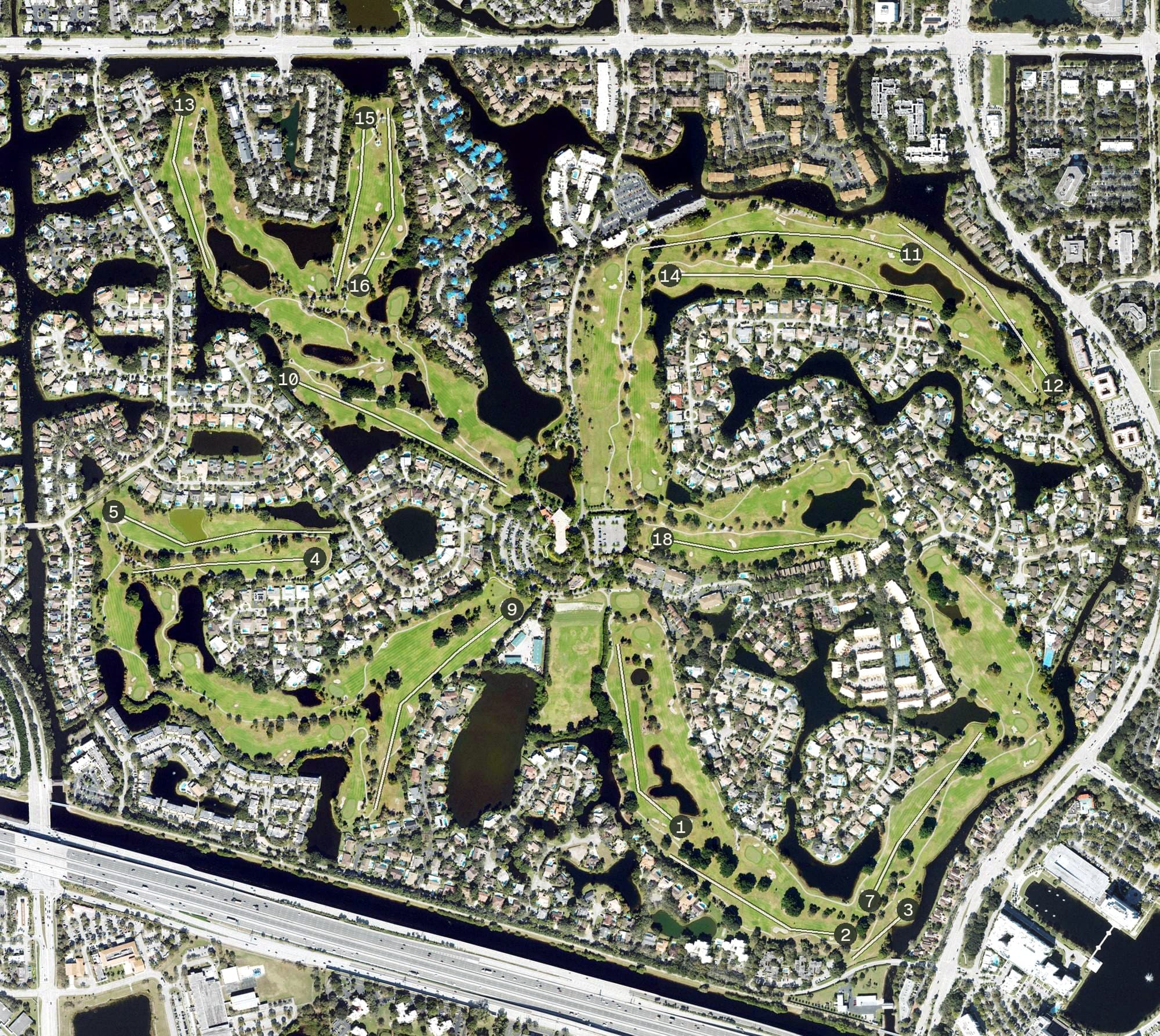 Aerial view of Jacararanda Golf Course, FL, with its hole routing marked
