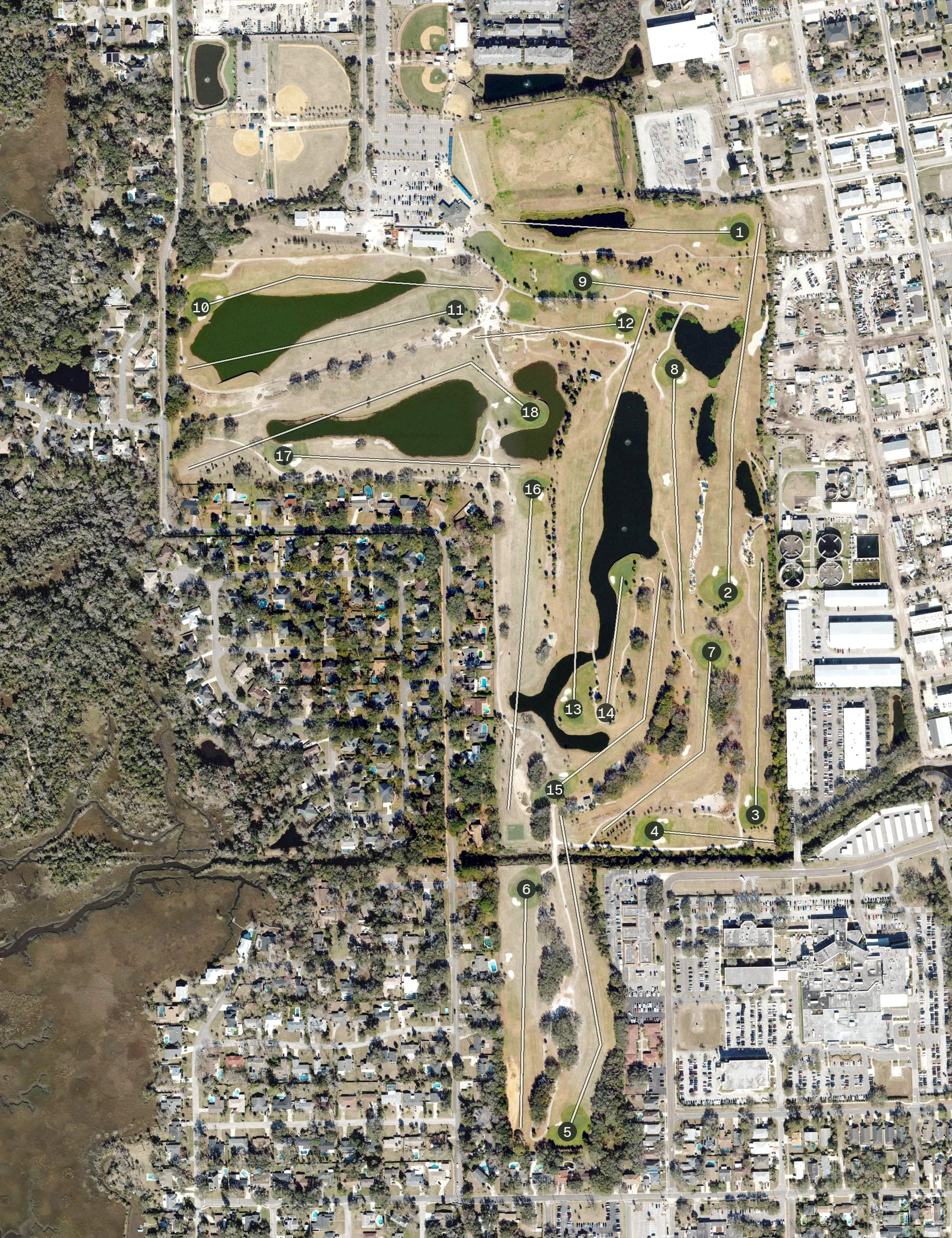 Aerial view of Jacksonville Beach Golf Club, FL, with its hole routing marked