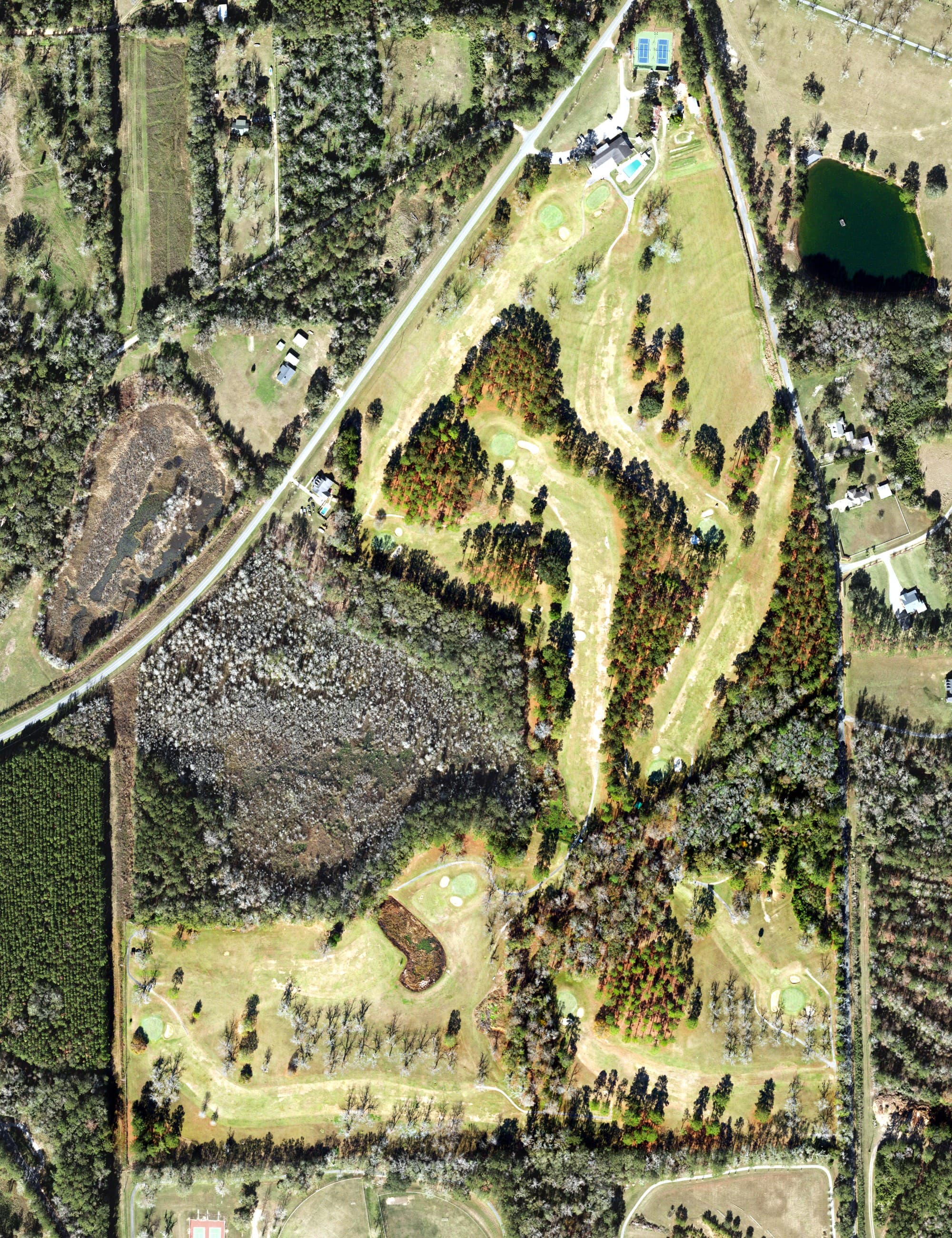 Aerial view of Jefferson Country Club Golf Course, FL, with its hole routing marked