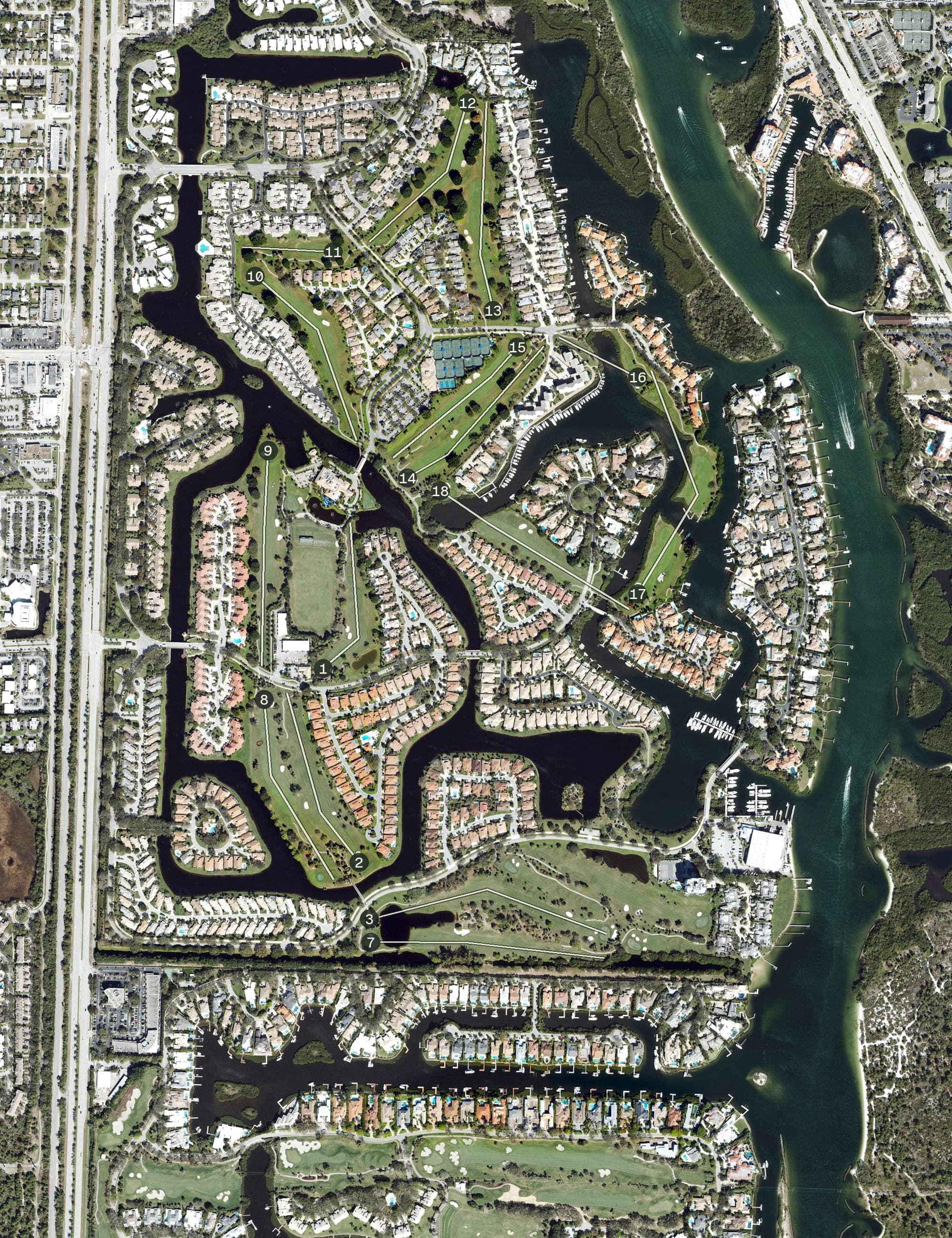 Aerial view of Jonathan's Landing Golf Club, FL, with its hole routing marked