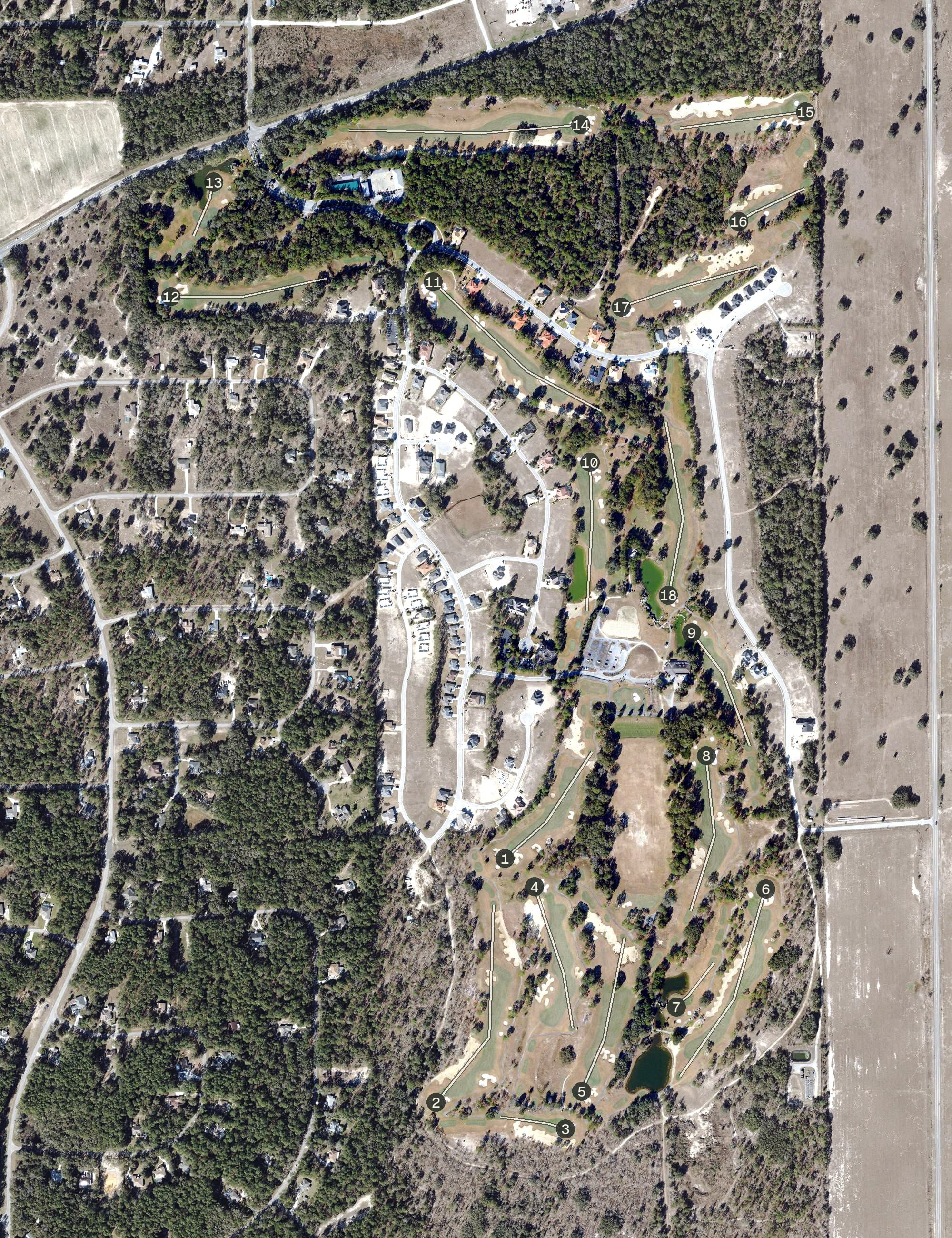 Aerial view of Juliette Falls Golf Club, FL, with its hole routing marked