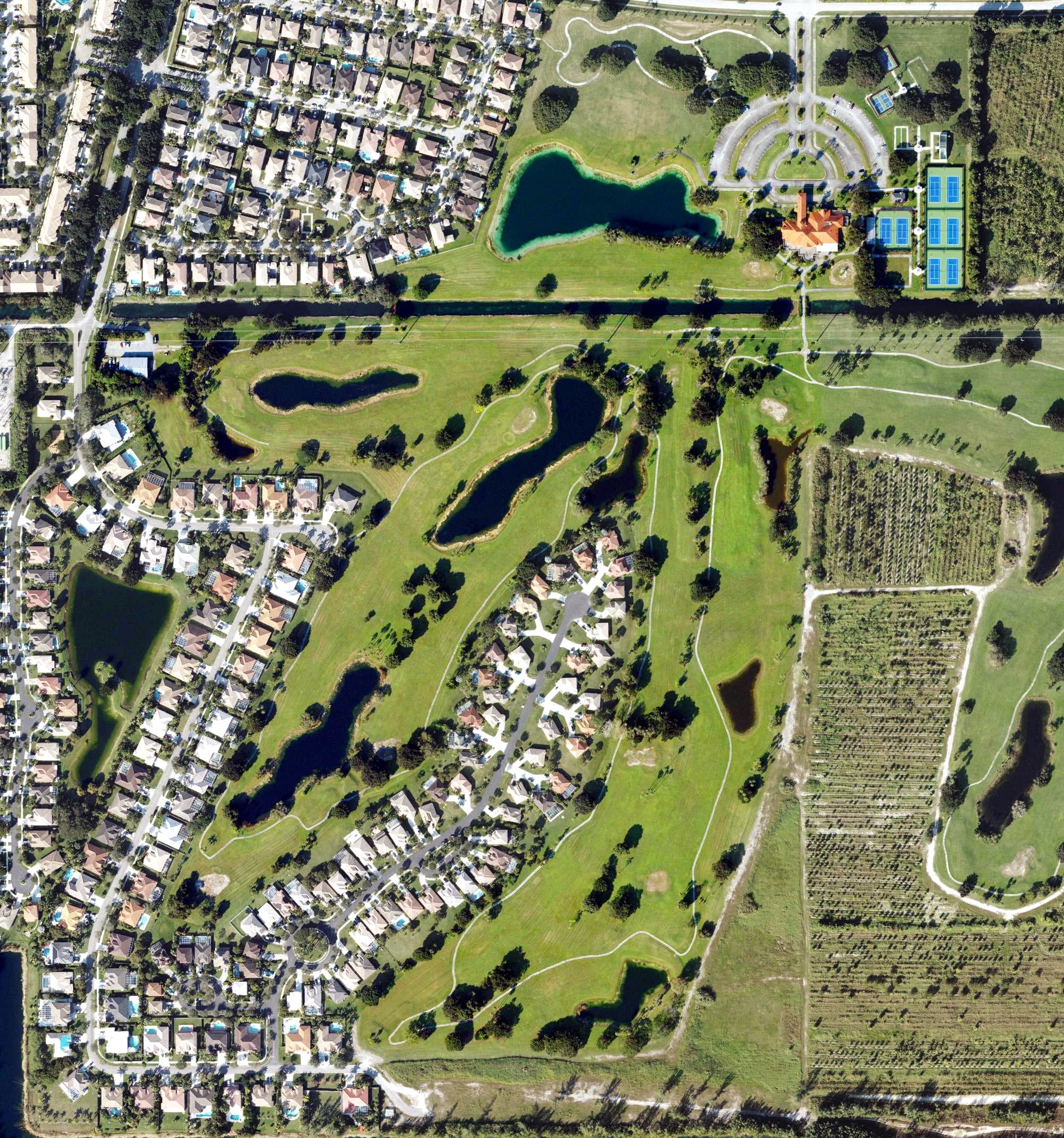 Aerial view of Keys Gate Golf Course, FL, with its hole routing marked