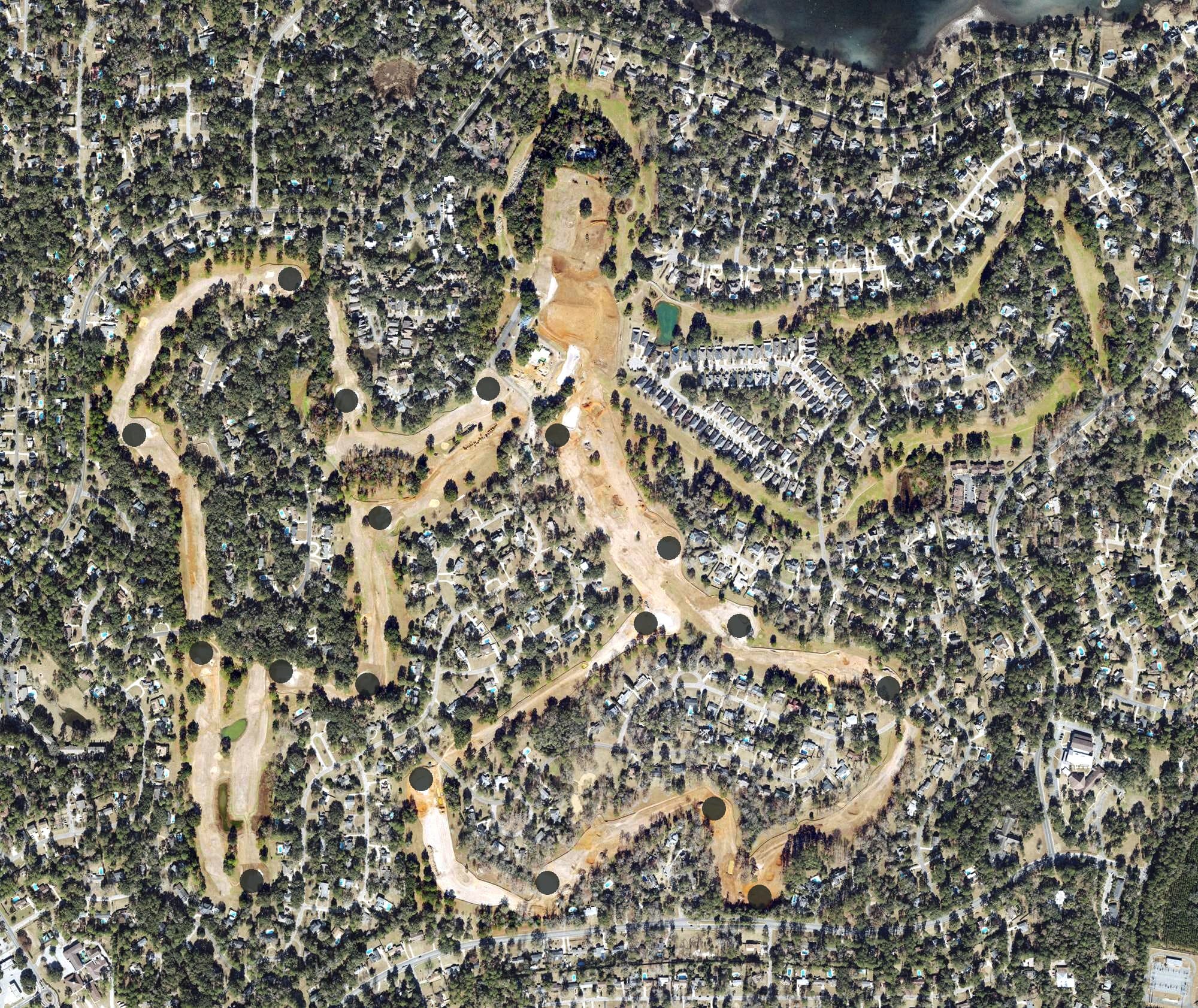 Aerial view of Killearn Country Club & Inn, FL, with its hole routing marked