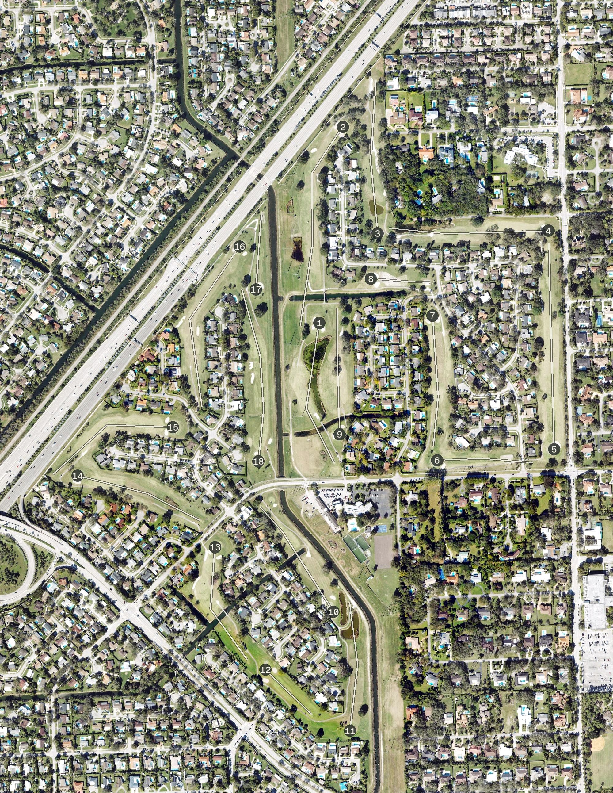Aerial view of Killian Greens, FL, with its hole routing marked
