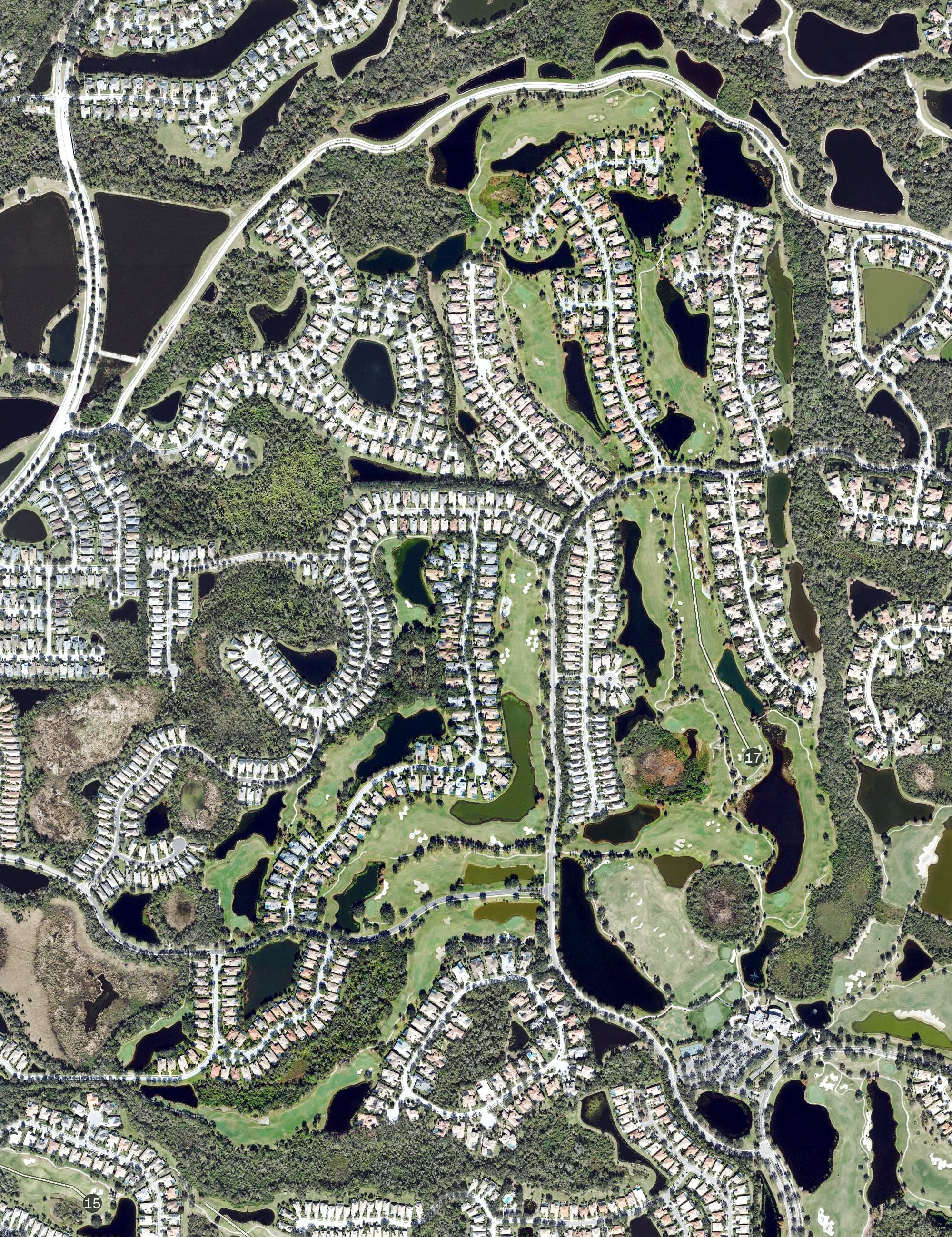 Aerial view of King's Dunes Course, FL, with its hole routing marked