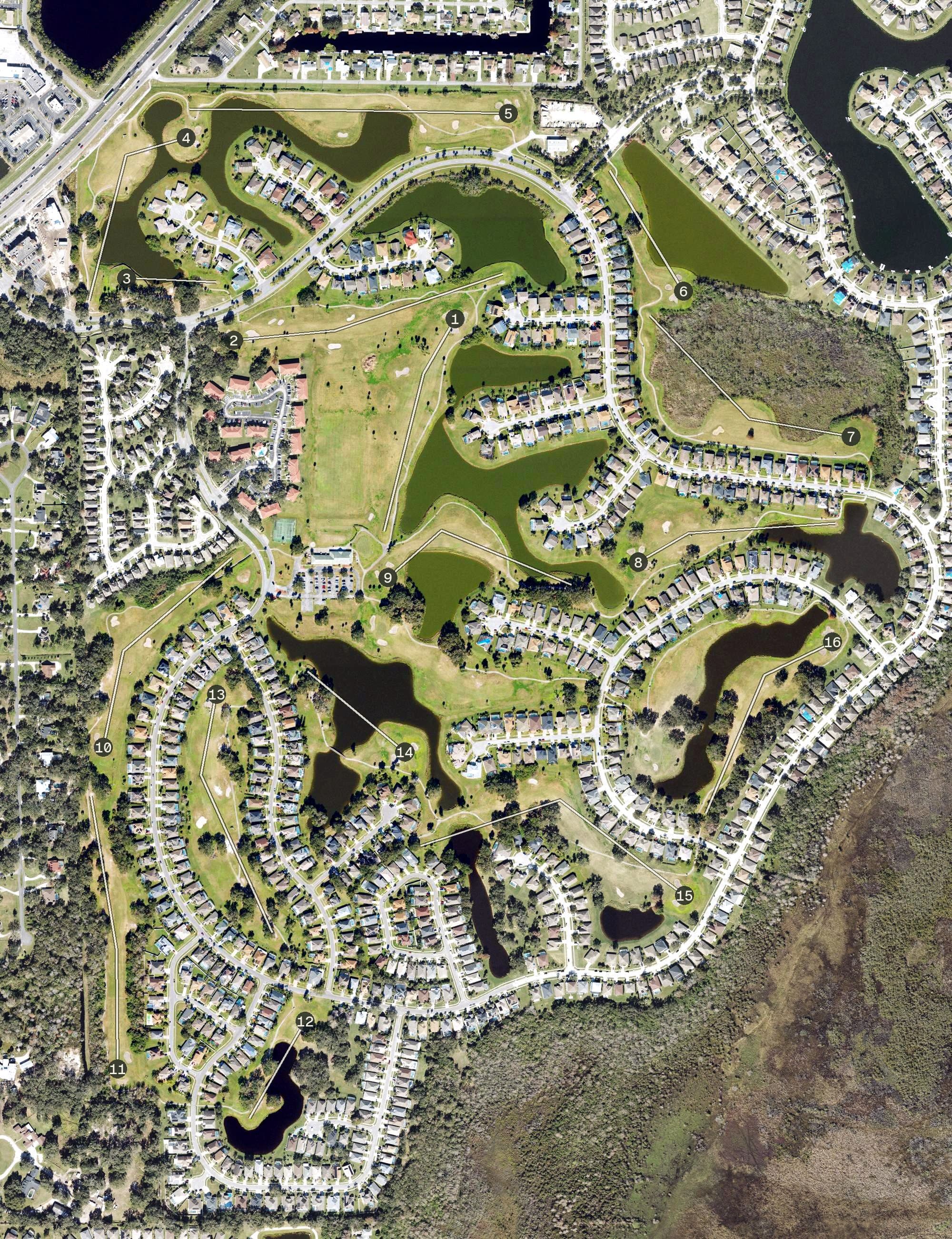 Aerial view of Kissimmee Oaks Golf Club, FL, with its hole routing marked