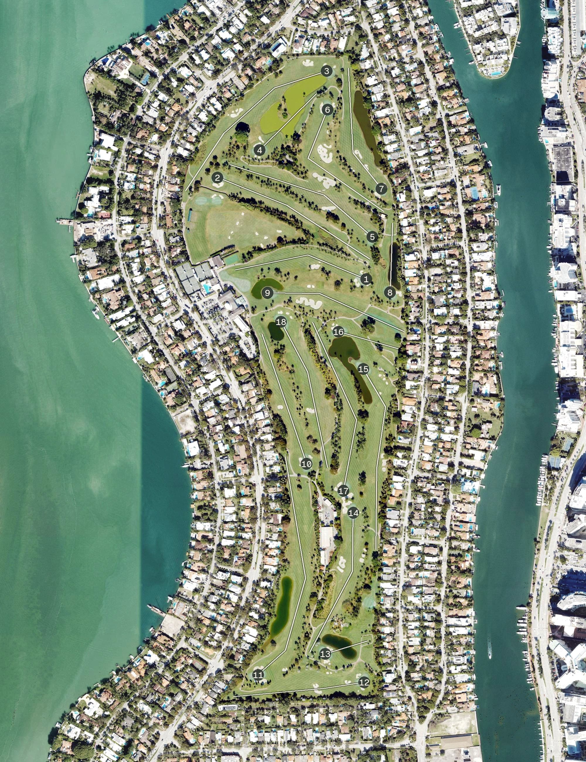 Aerial view of La Gorce Country Club, FL, with its hole routing marked