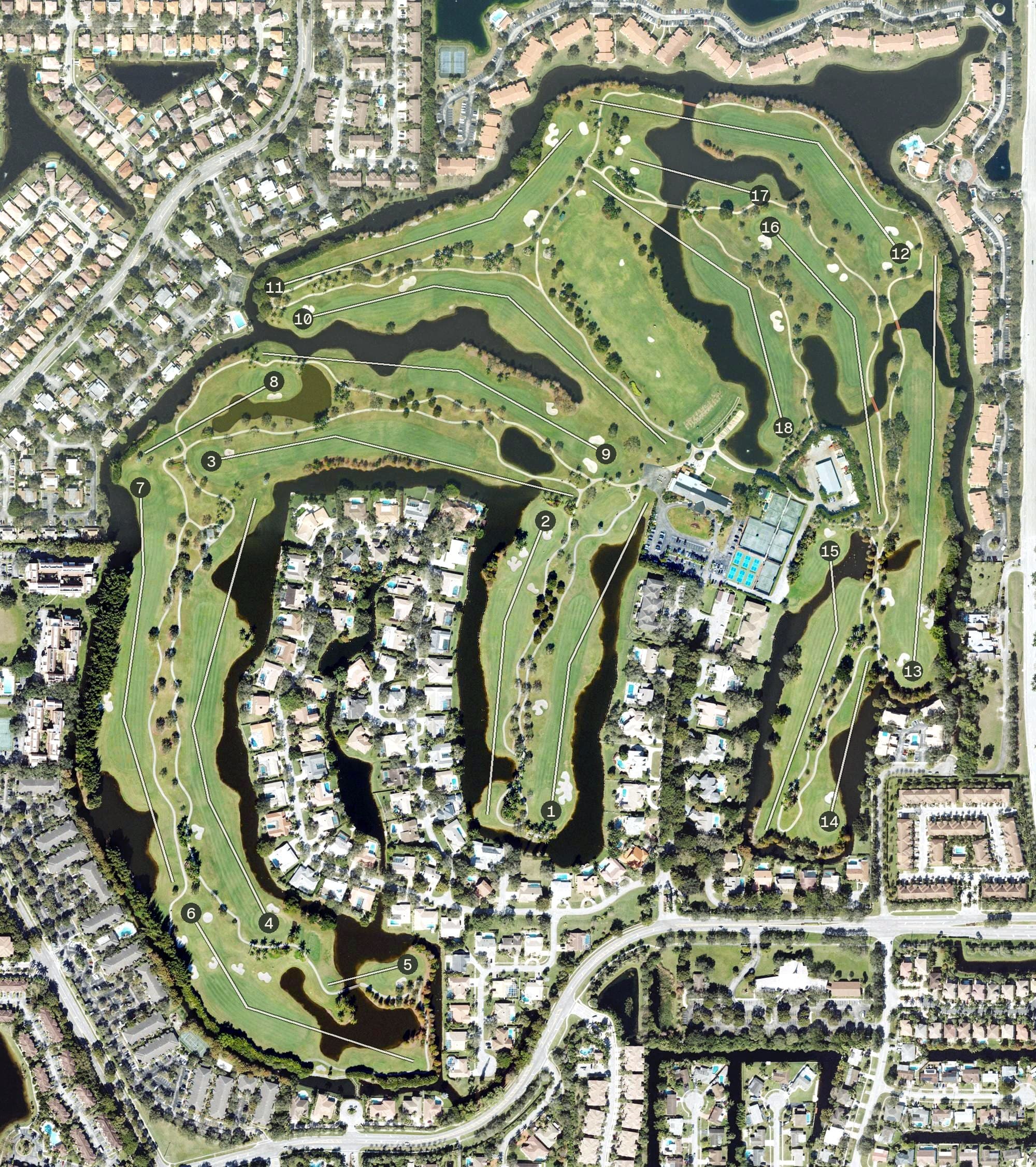 Aerial view of Lago Mar Country Club, FL, with its hole routing marked