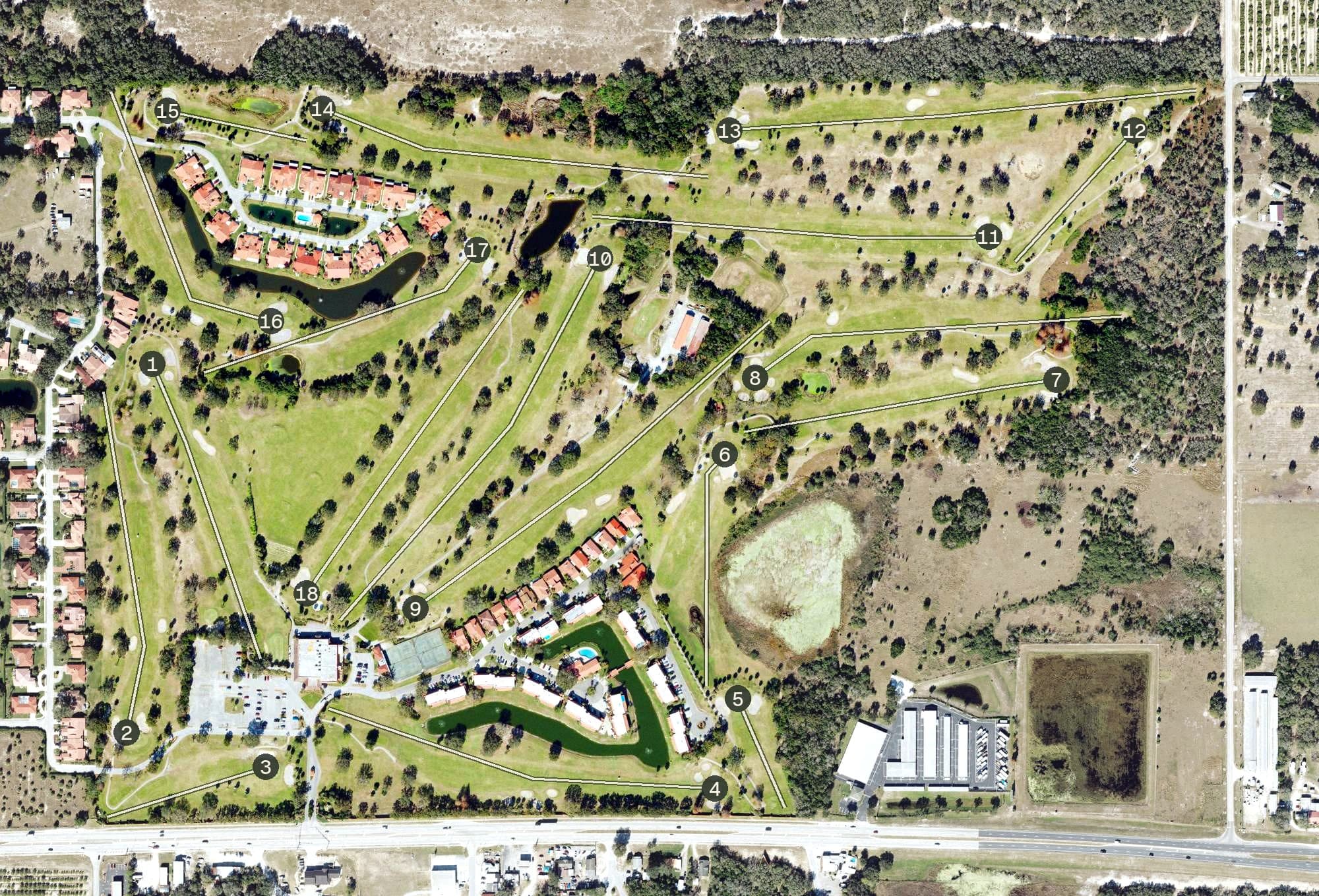 Aerial view of Lake Wales Country Club, FL, with its hole routing marked