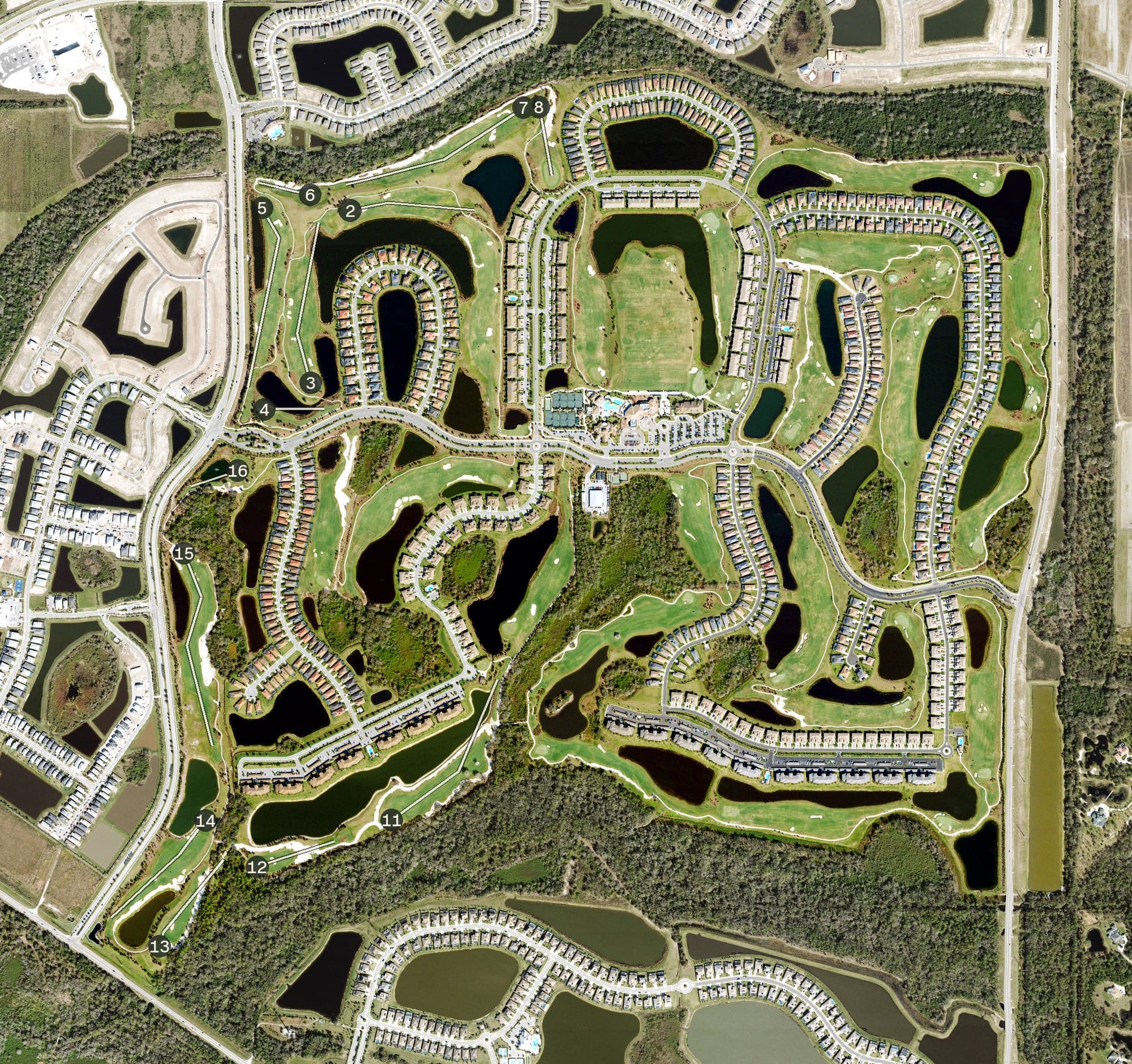 Aerial view of Lakewood National Golf Club, FL, with its hole routing marked